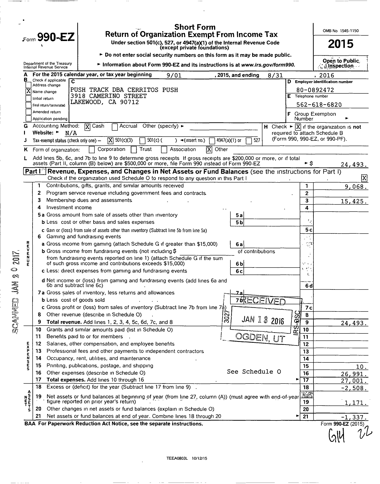 Image of first page of 2015 Form 990EZ for Amateur Athletic Union - Push Track Club