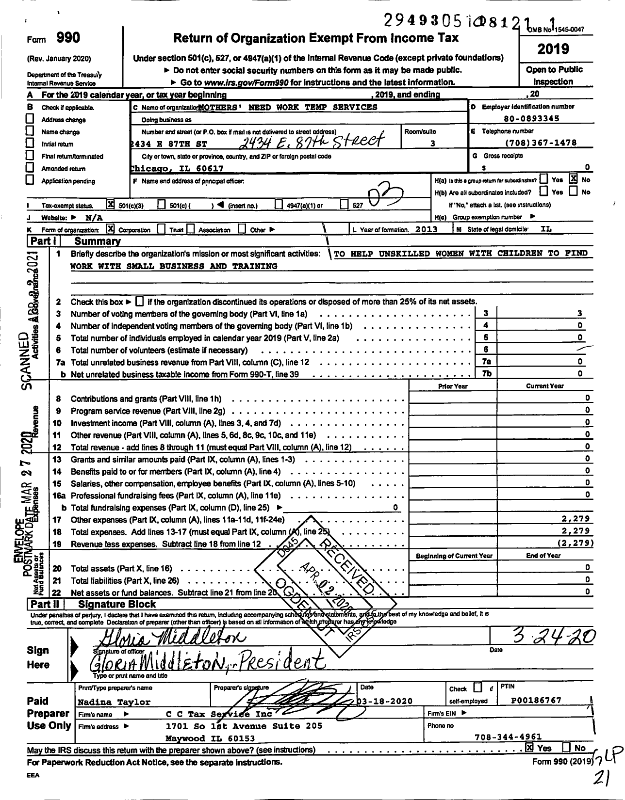 Image of first page of 2019 Form 990 for Mothers Need Work Temp Services