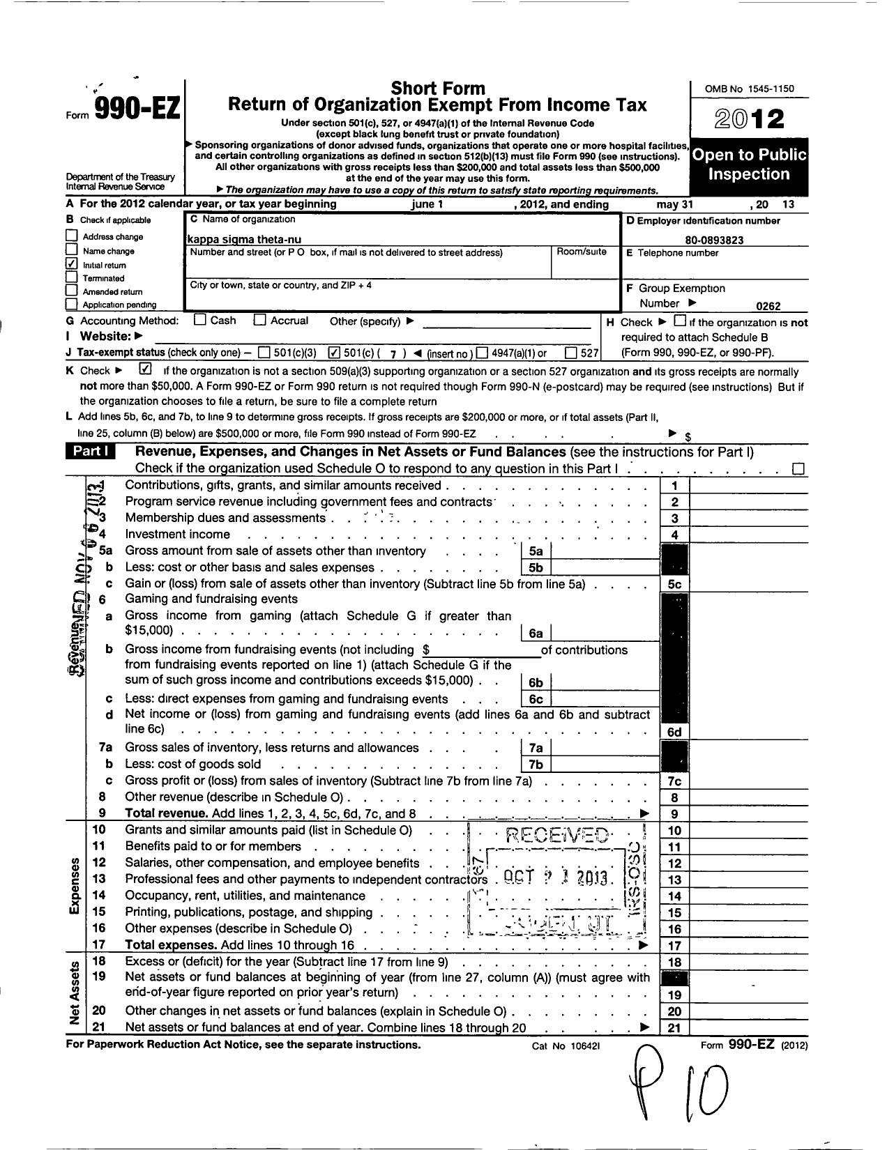 Image of first page of 2012 Form 990EO for Kappa Sigma Fraternity - Theta-Nu Chapter