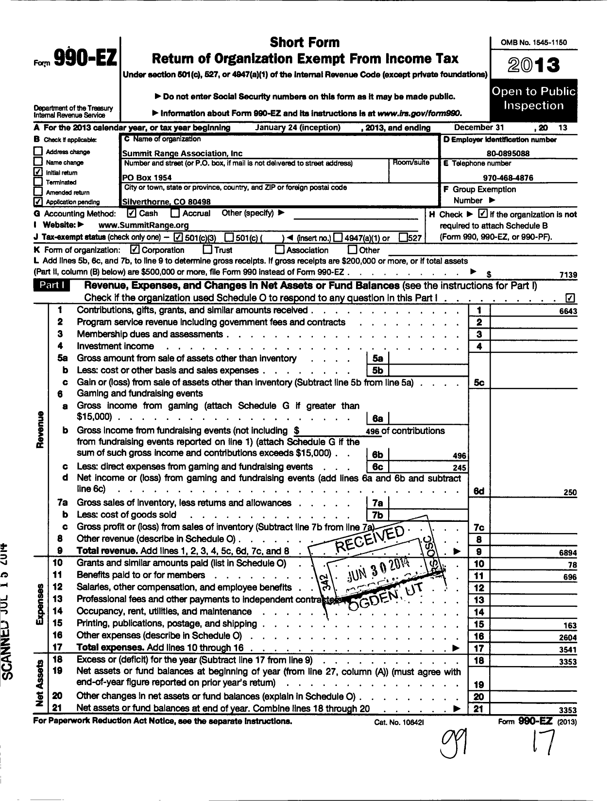 Image of first page of 2013 Form 990EZ for Summit Range Association