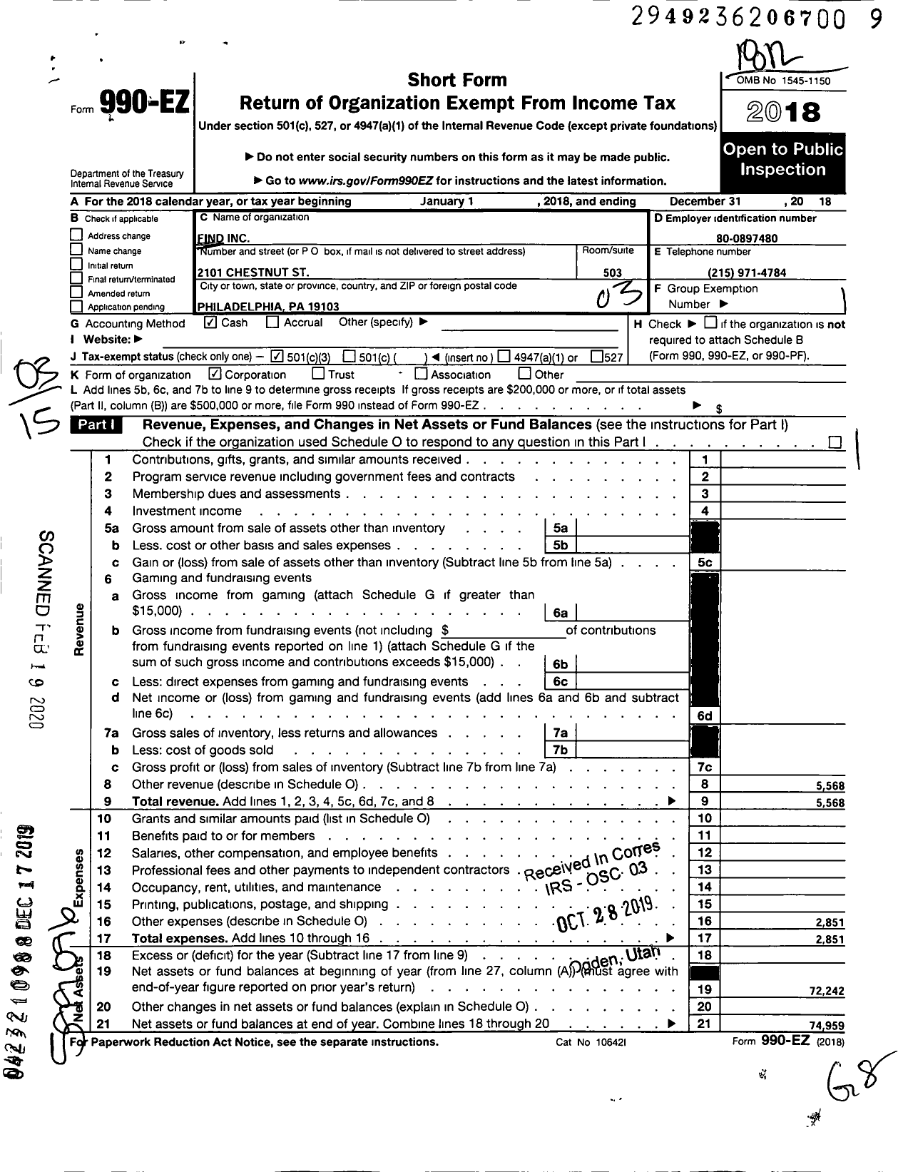 Image of first page of 2018 Form 990EZ for Find