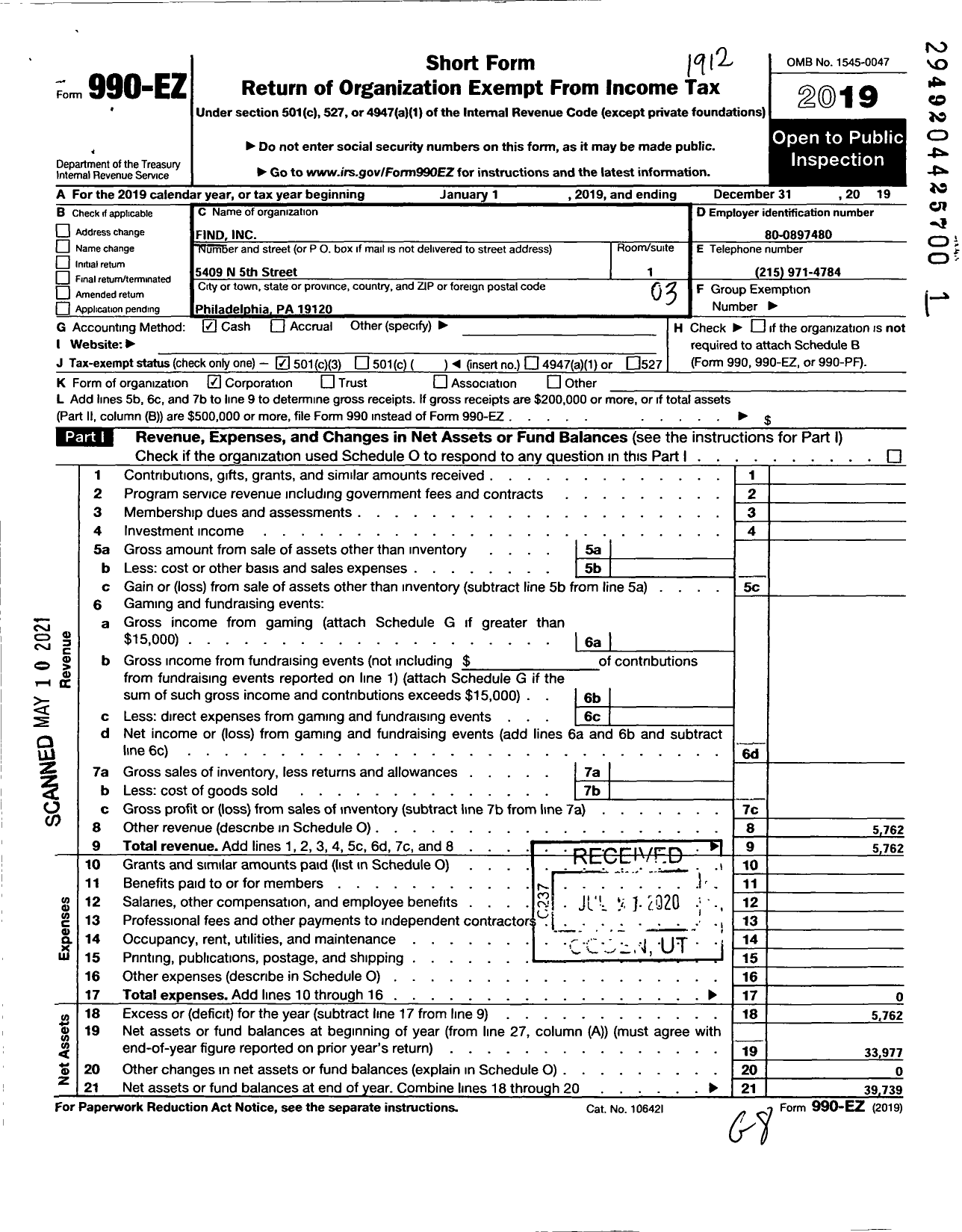 Image of first page of 2019 Form 990EZ for Find