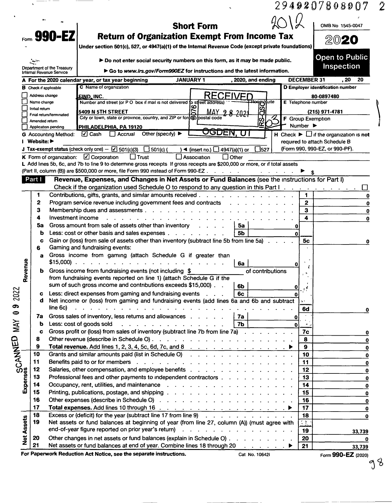 Image of first page of 2020 Form 990EZ for Find