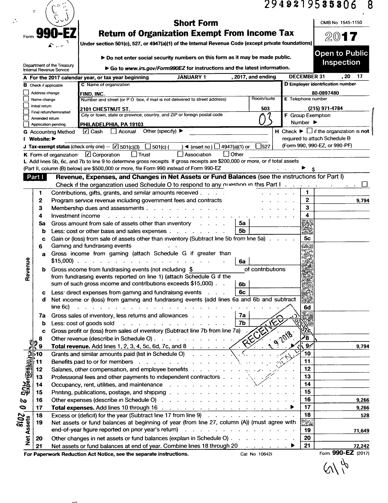 Image of first page of 2017 Form 990EZ for Find