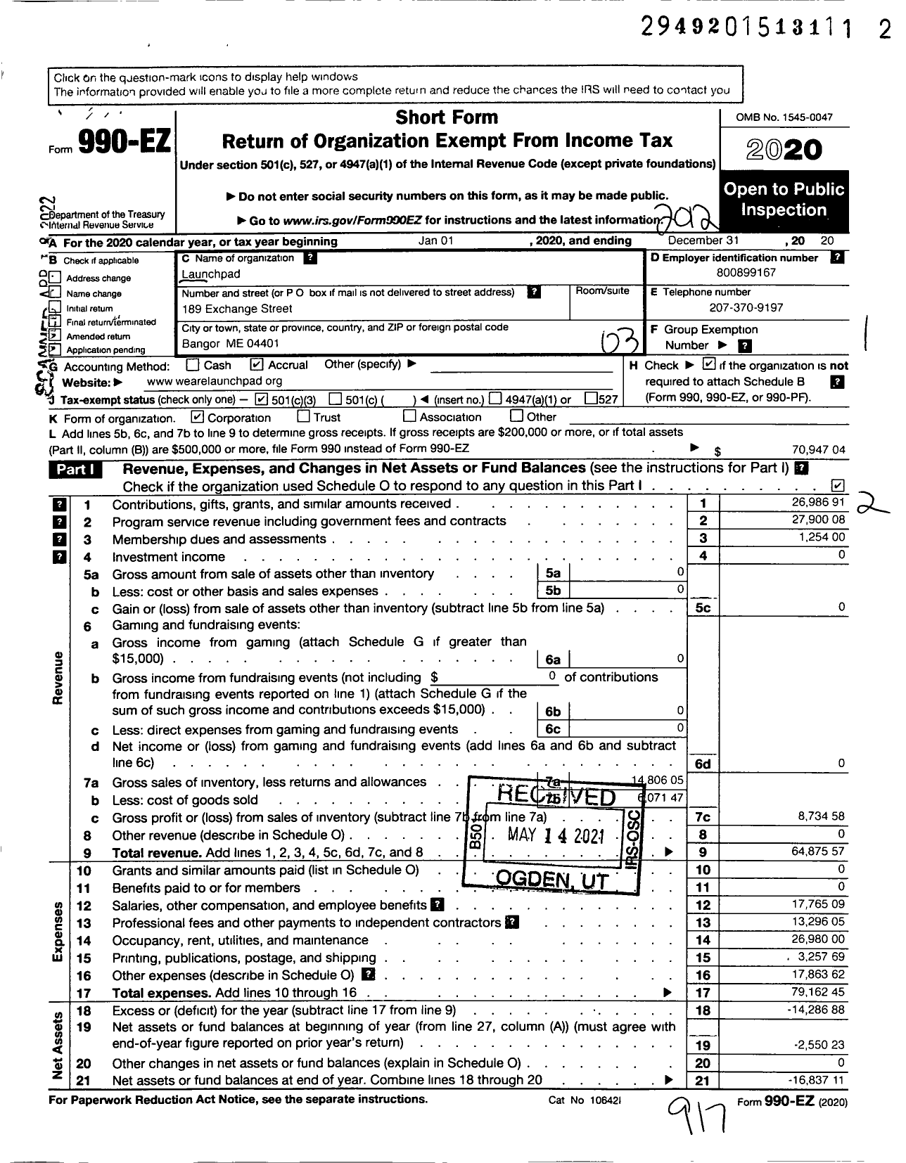 Image of first page of 2020 Form 990EZ for Launchpad