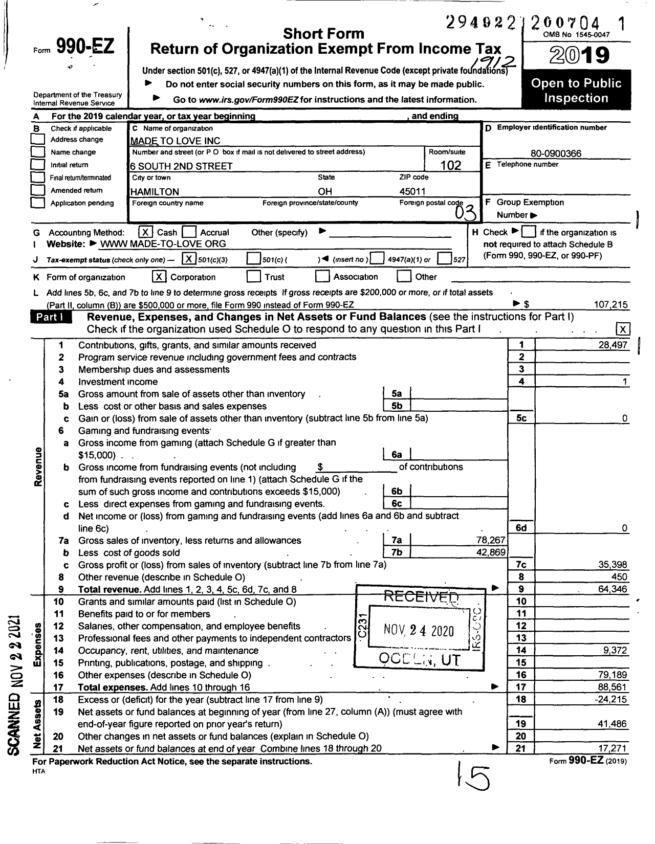 Image of first page of 2019 Form 990EZ for Made To Love