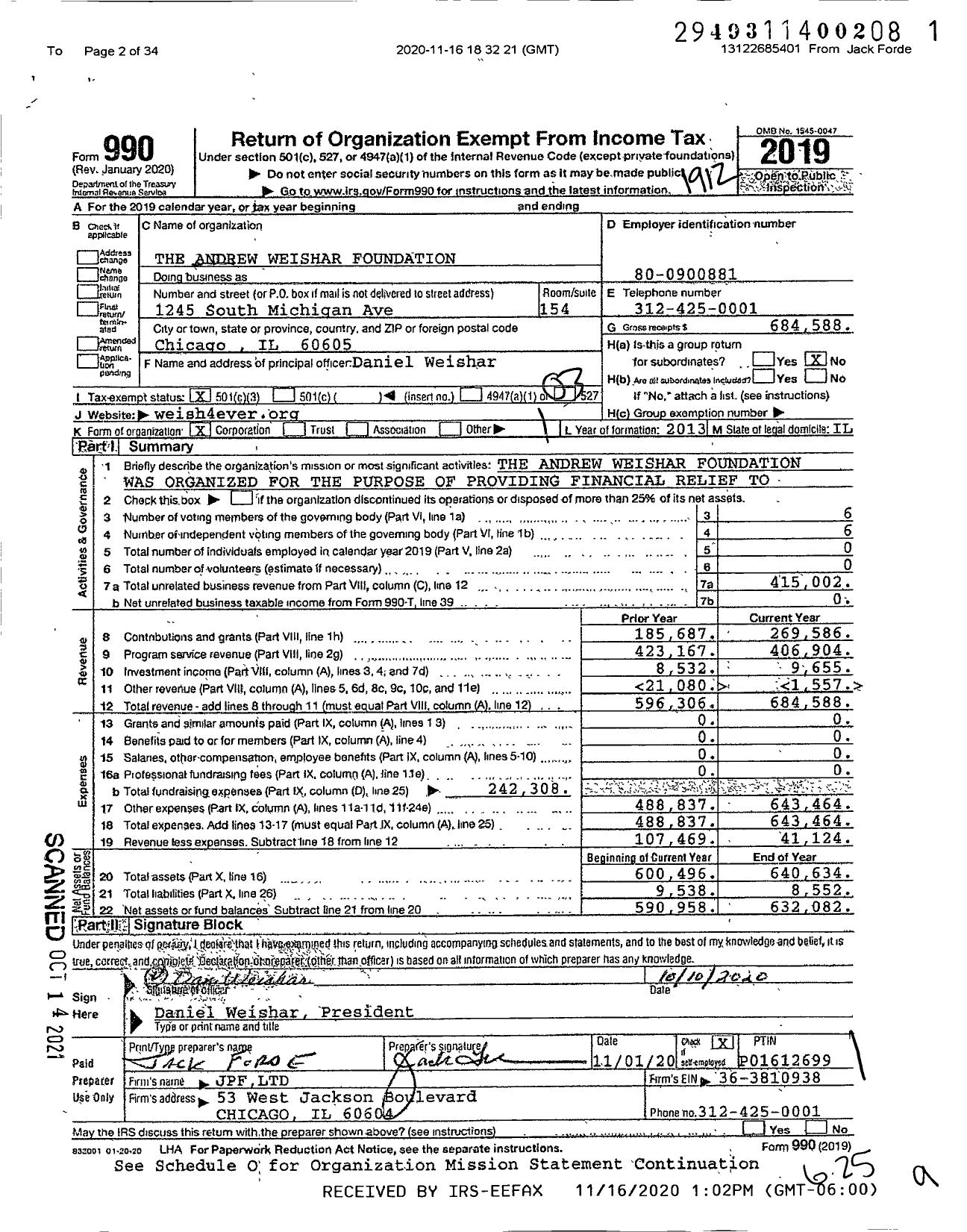 Image of first page of 2019 Form 990 for The Andrew Weishar Foundation