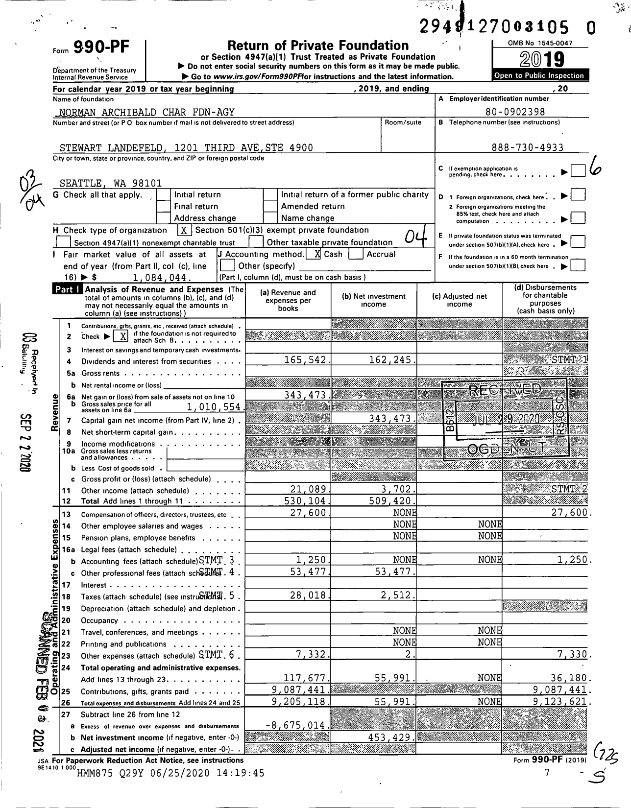 Image of first page of 2019 Form 990PF for Norman Archibald Char Fdn-Agy