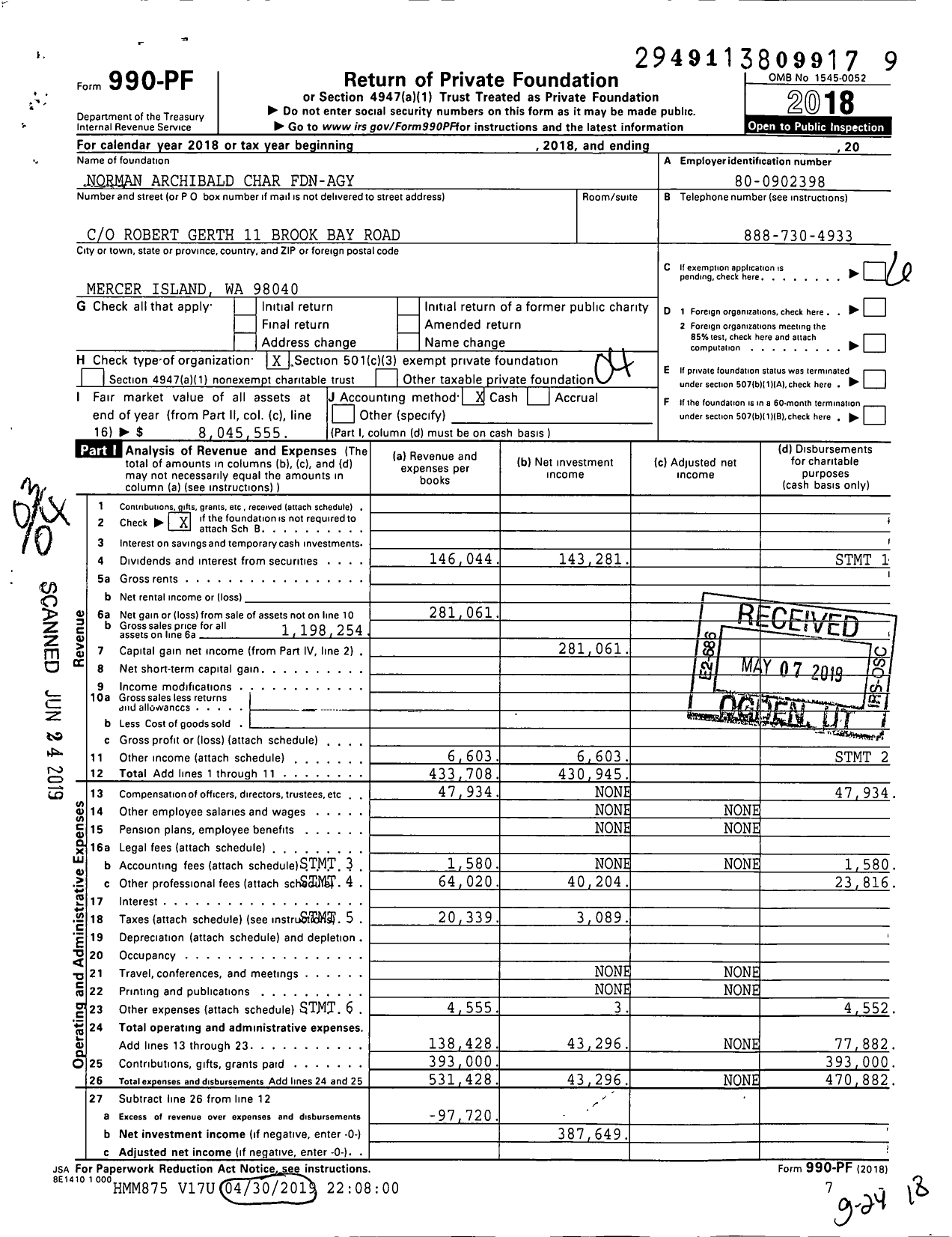 Image of first page of 2018 Form 990PF for Norman Archibald Char Fdn-Agy