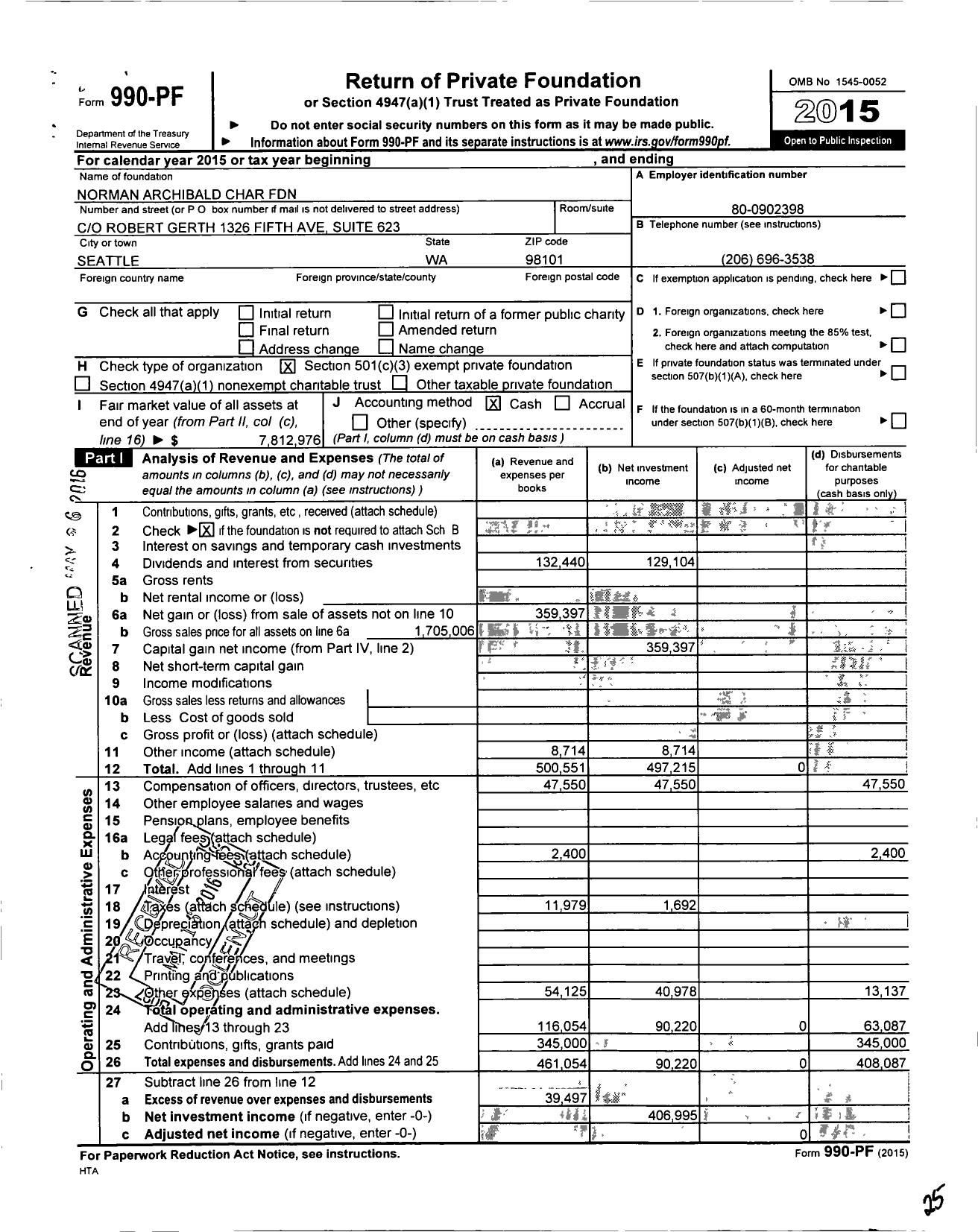 Image of first page of 2015 Form 990PF for Norman Archibald Char Fdn-Agy