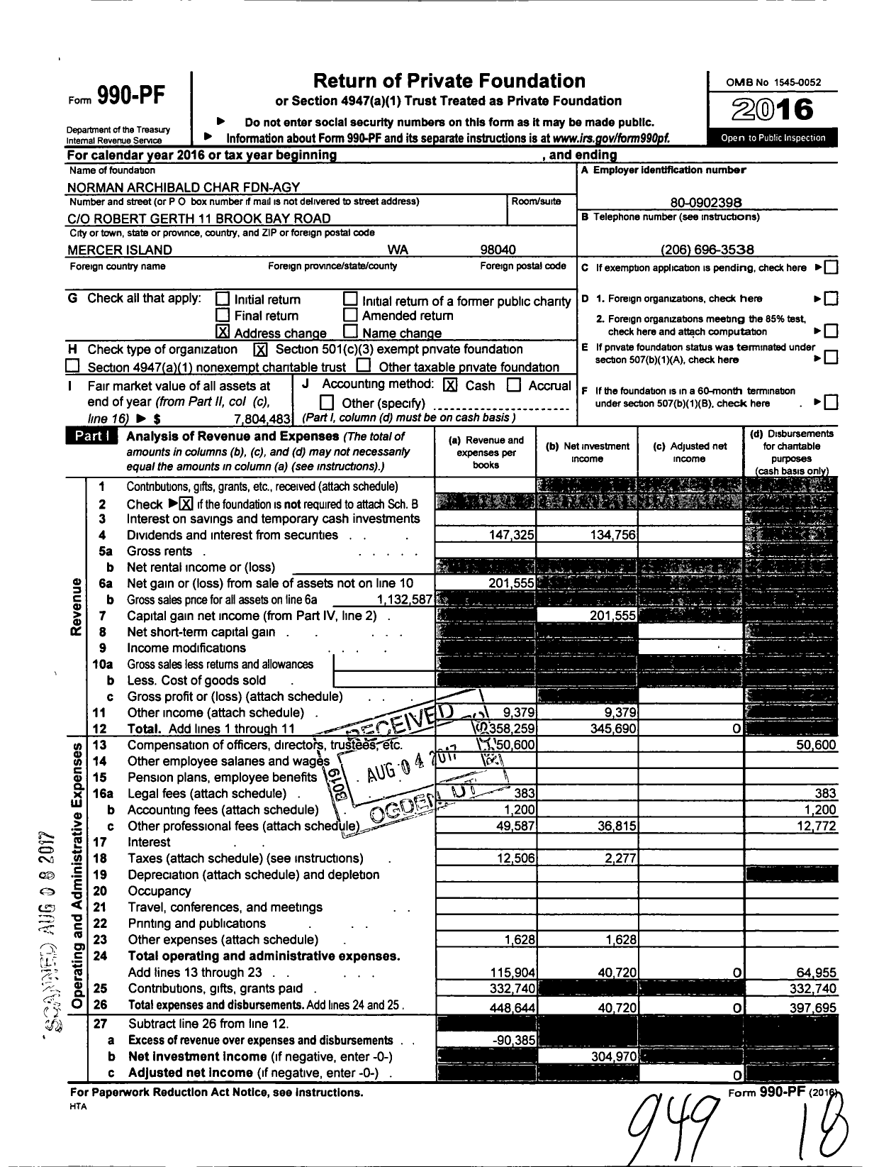 Image of first page of 2016 Form 990PF for Norman Archibald Char Fdn-Agy