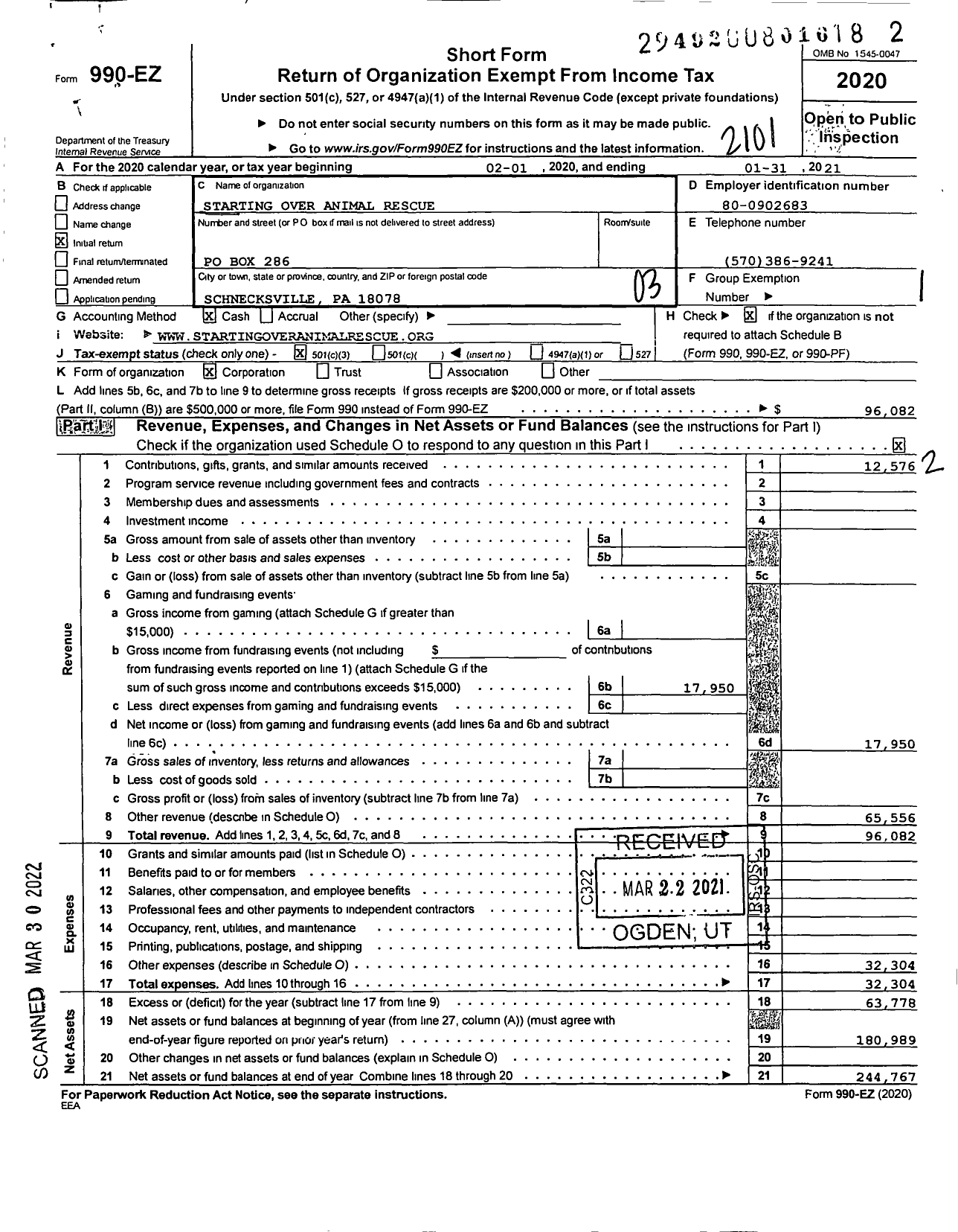 Image of first page of 2020 Form 990EZ for Starting Over Animal Rescue (SOAR)