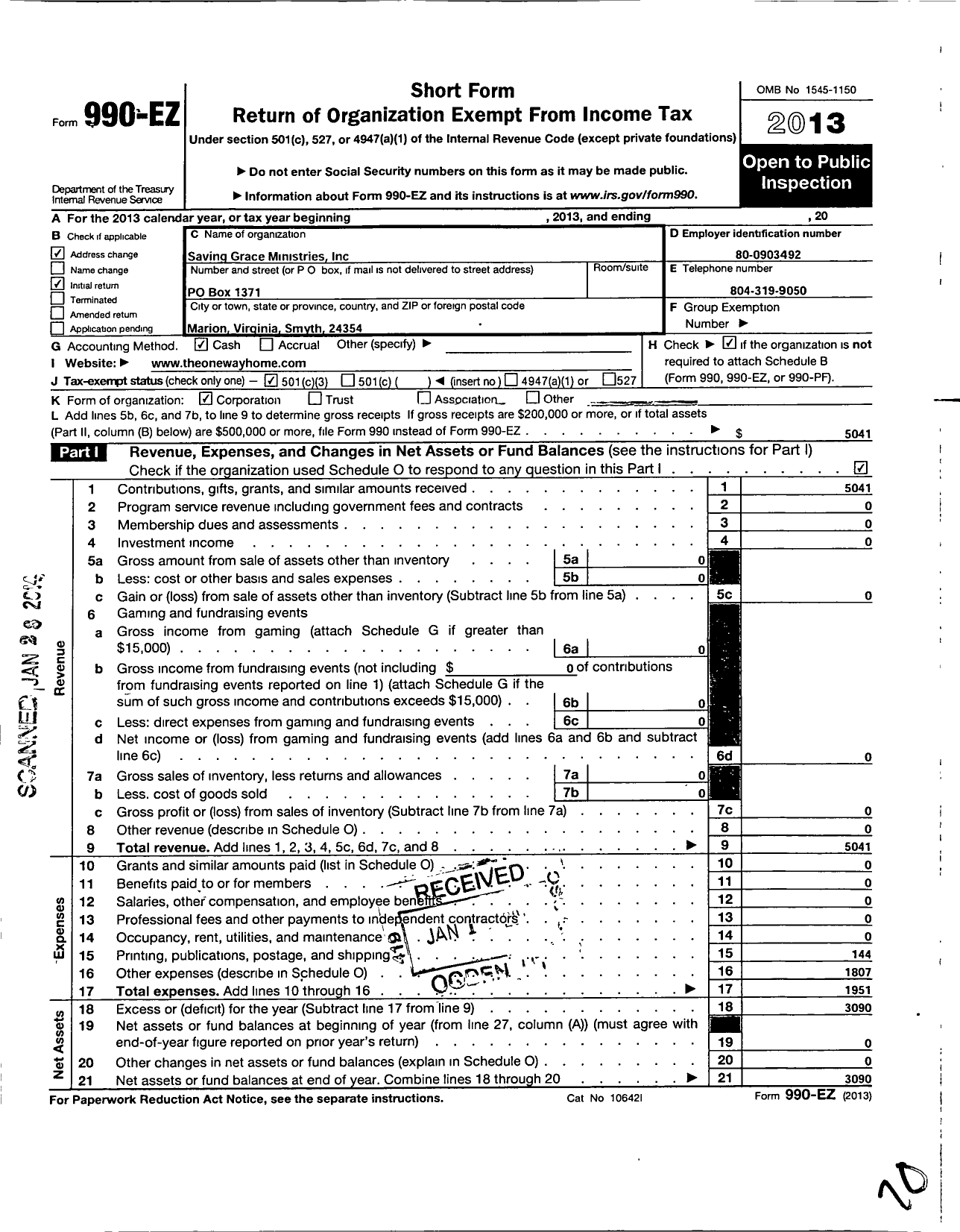 Image of first page of 2013 Form 990EZ for Saving Grace Ministries