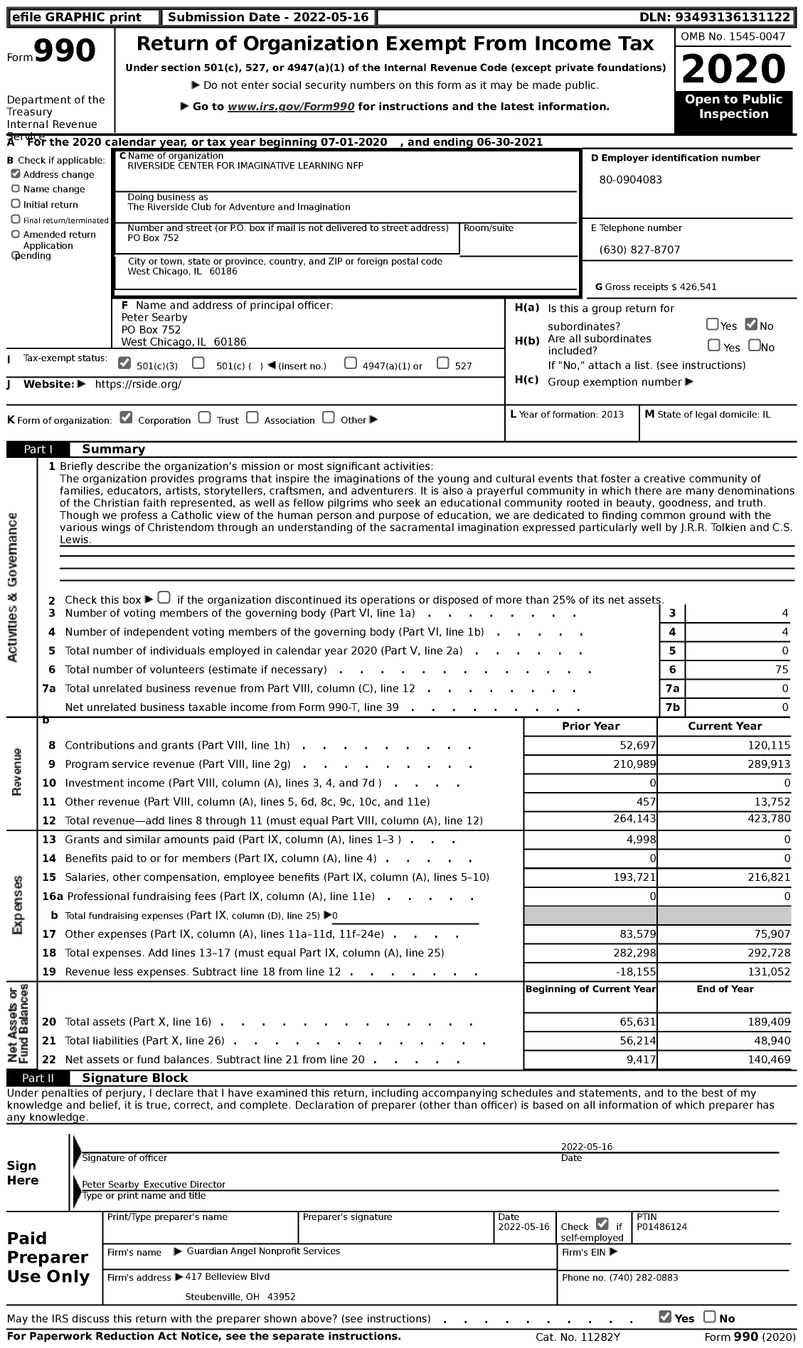 Image of first page of 2020 Form 990 for Riverside Club for Adventure and Imagination