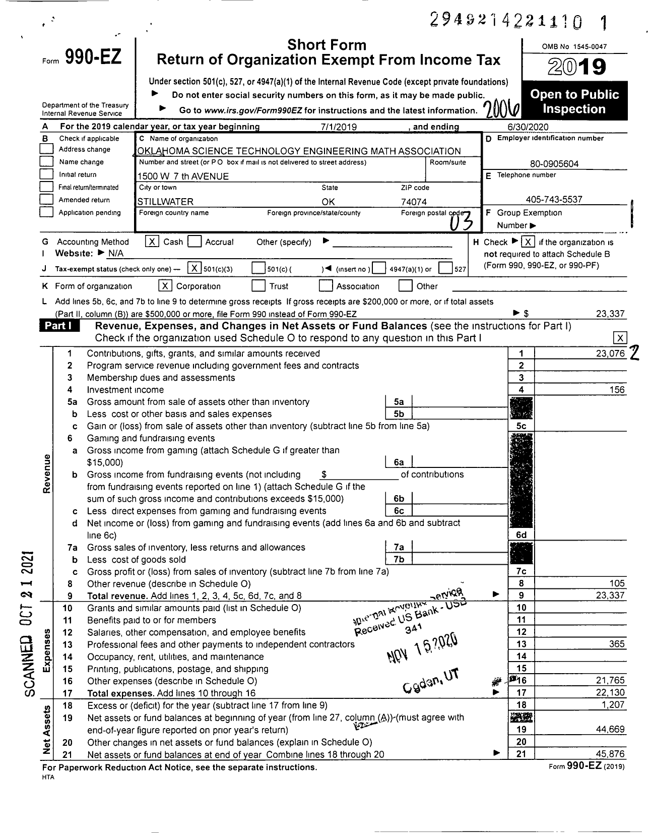 Image of first page of 2019 Form 990EZ for Oklahoma Science Technology Engineering Math Association