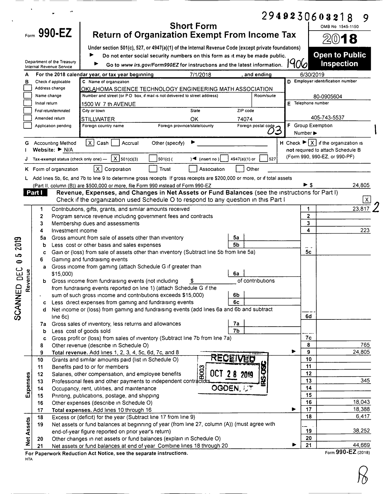 Image of first page of 2018 Form 990EZ for Oklahoma Science Technology Engineering Math Association