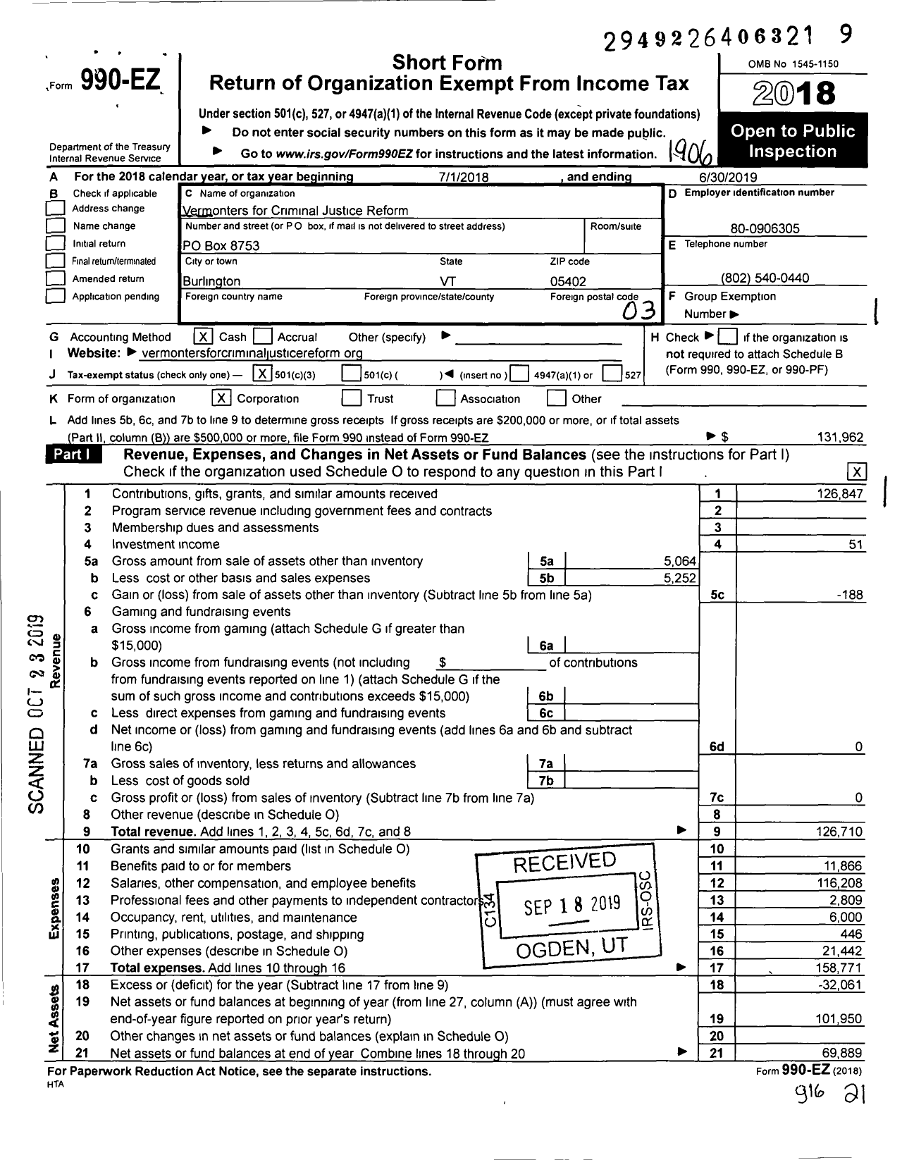 Image of first page of 2018 Form 990EZ for Vermonters for Criminal Justice Reform