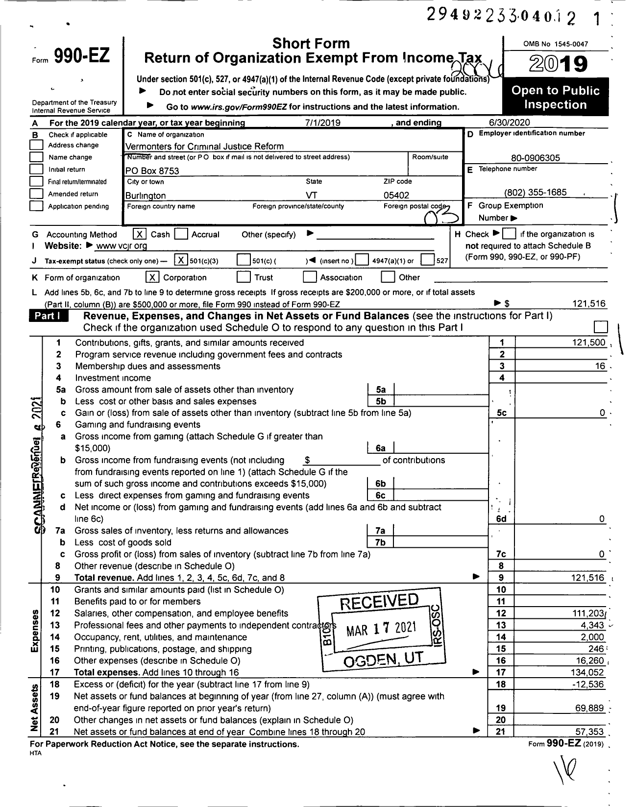 Image of first page of 2019 Form 990EZ for Vermonters for Criminal Justice Reform