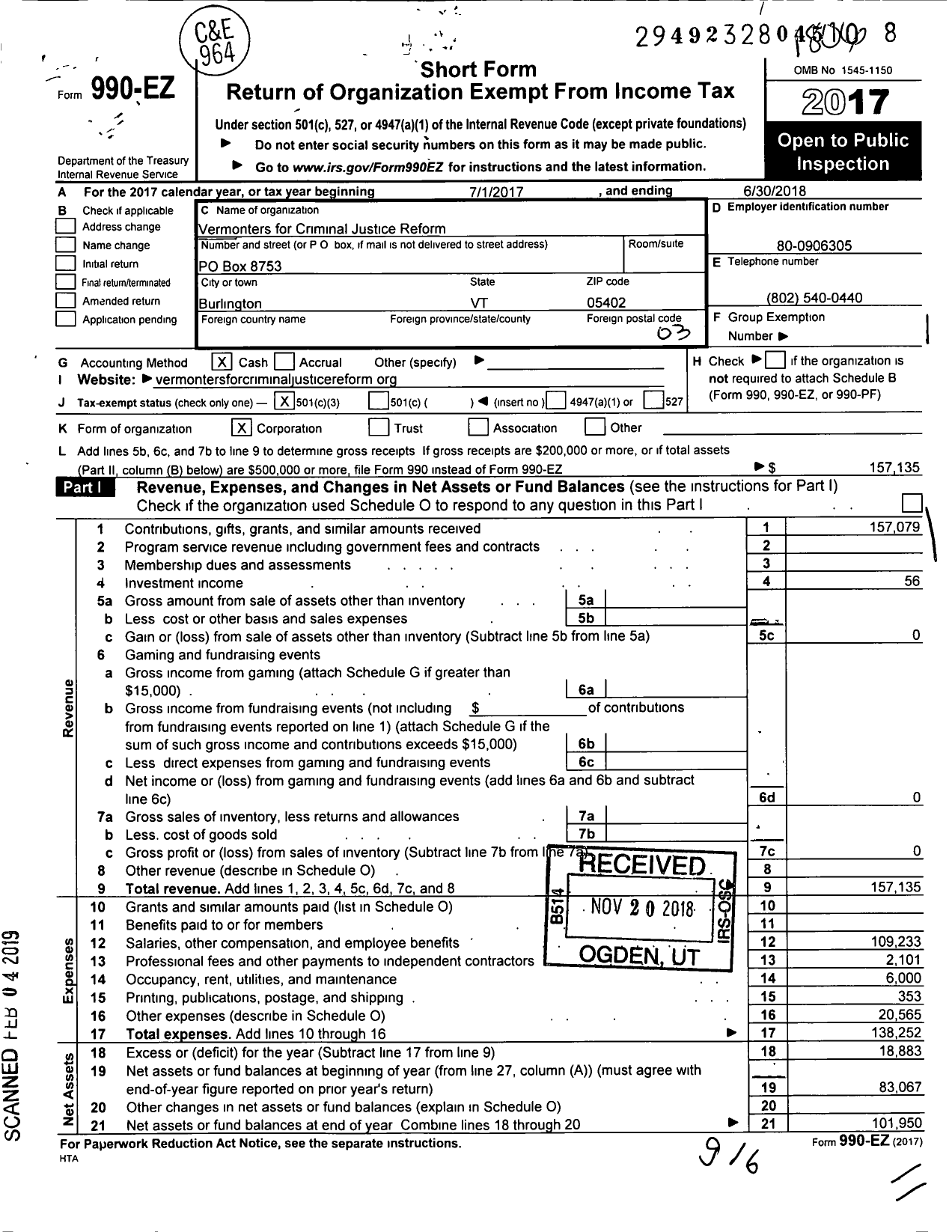 Image of first page of 2017 Form 990EZ for Vermonters for Criminal Justice Reform