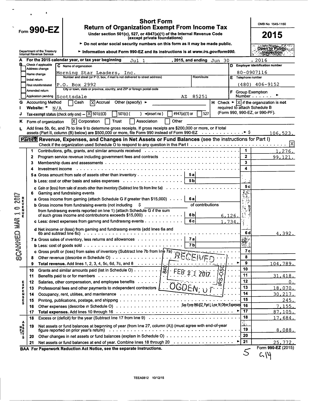 Image of first page of 2015 Form 990EZ for Morning Star Leaders