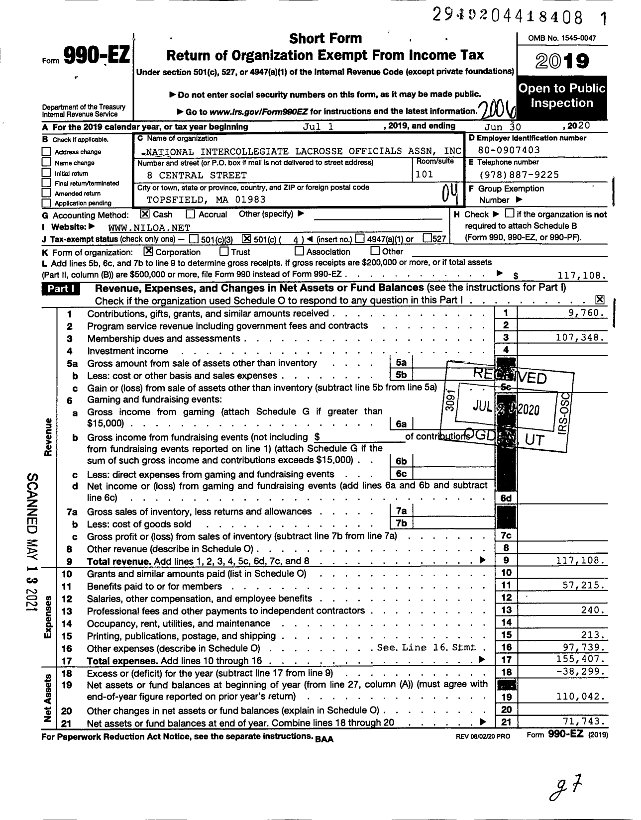 Image of first page of 2019 Form 990EO for National Intercollegiate Lacrosse Officials Association