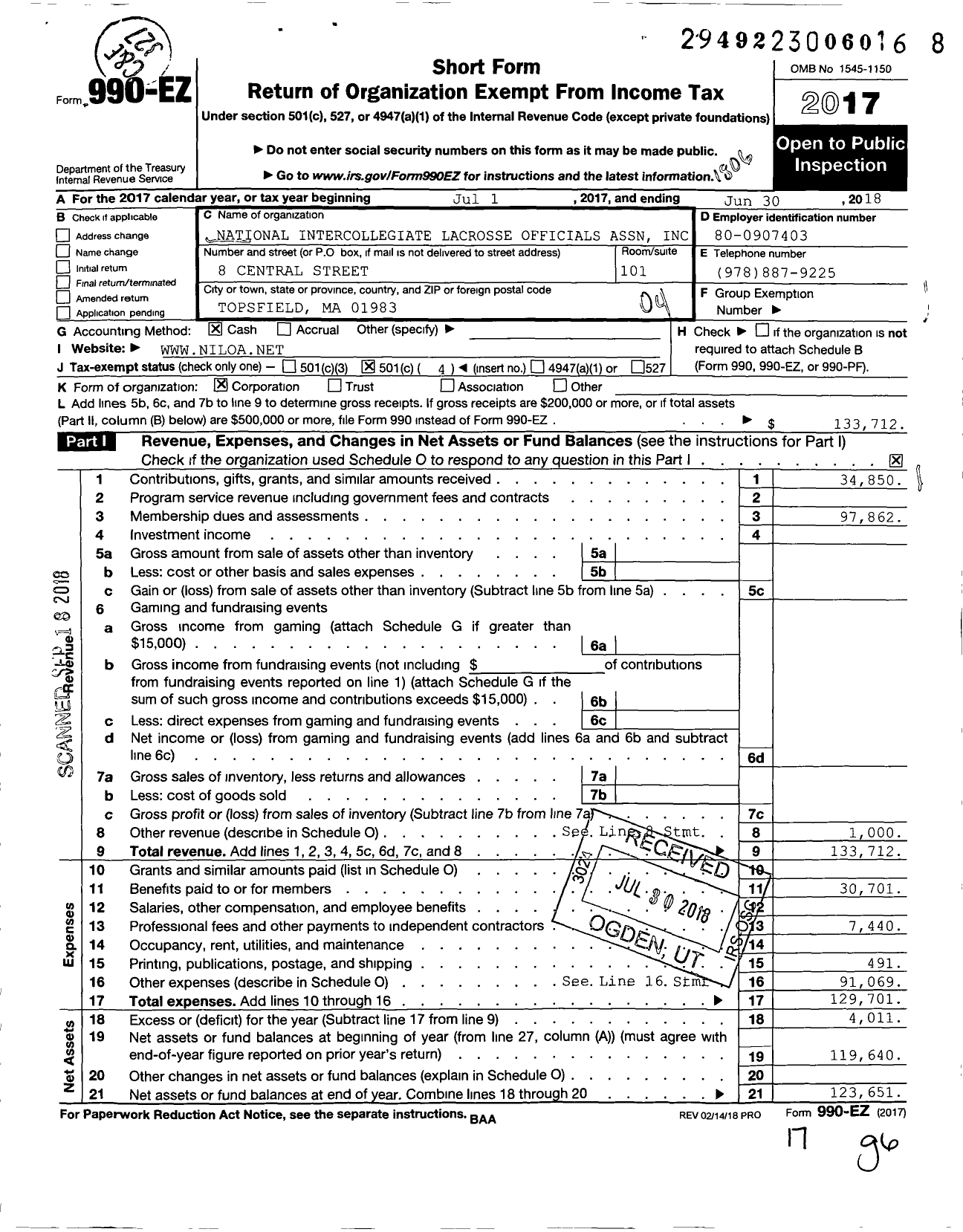 Image of first page of 2017 Form 990EO for National Intercollegiate Lacrosse Officials Association