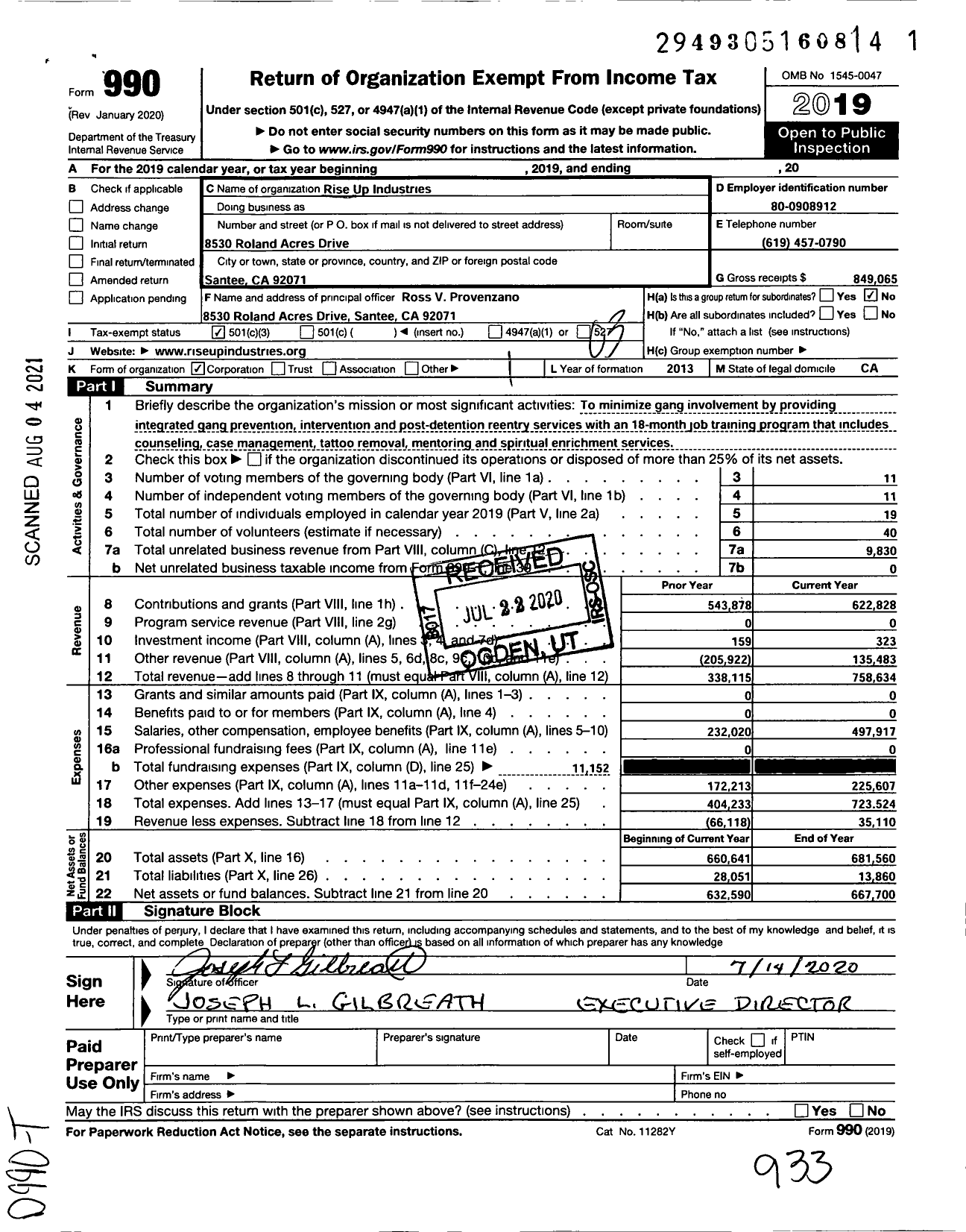 Image of first page of 2019 Form 990 for Rise Up Industries