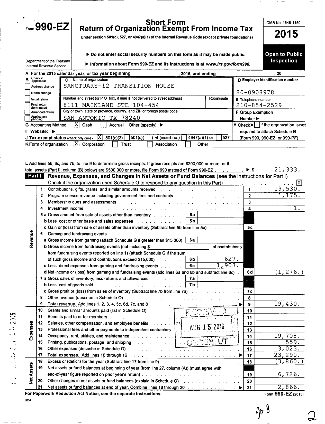 Image of first page of 2015 Form 990EZ for Sanctuary-12 Transition House