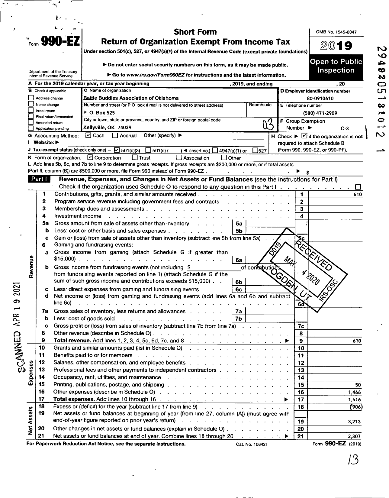 Image of first page of 2019 Form 990EZ for Battle Buddies of Oklahoma