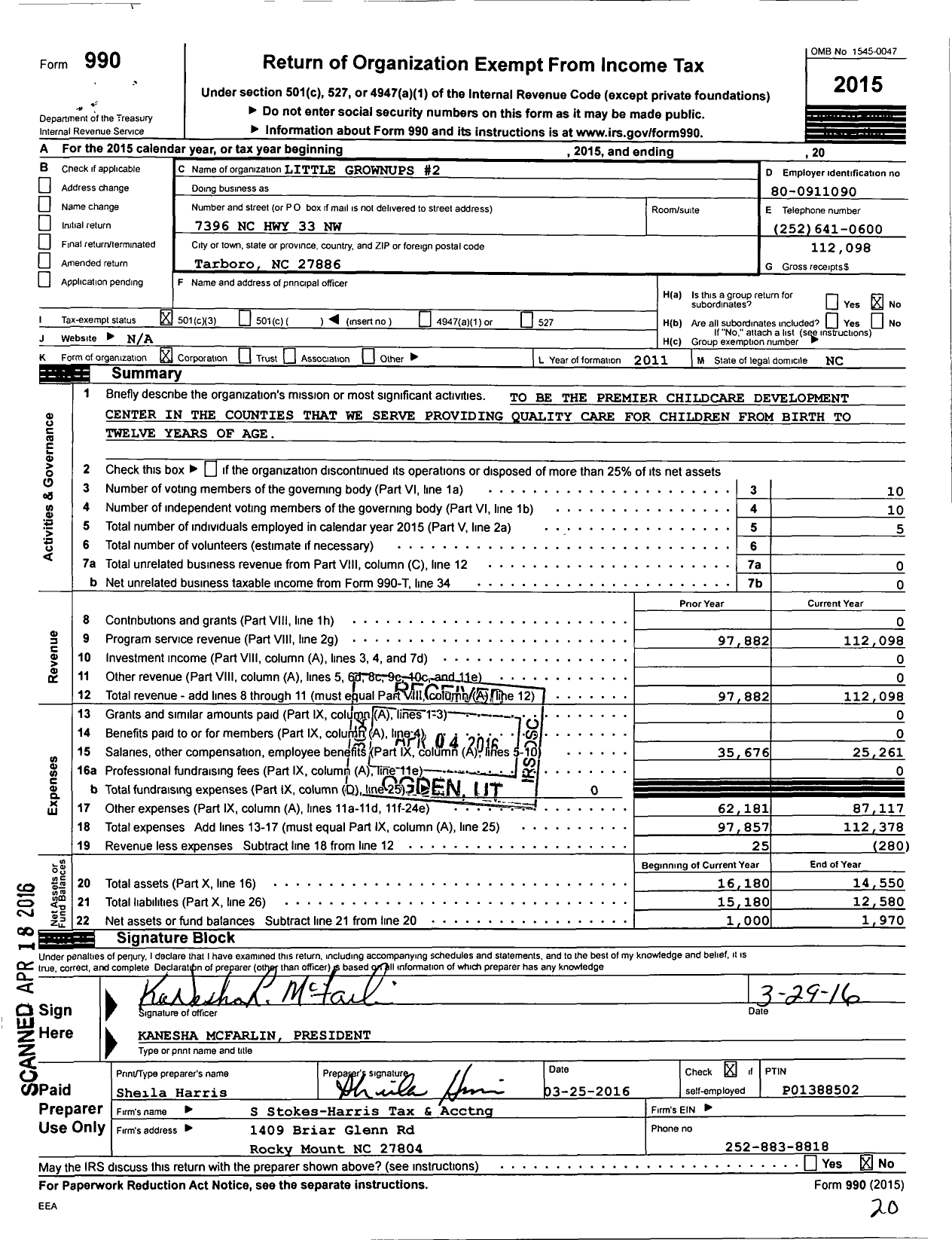 Image of first page of 2015 Form 990 for Little Grown Ups Child Care 2