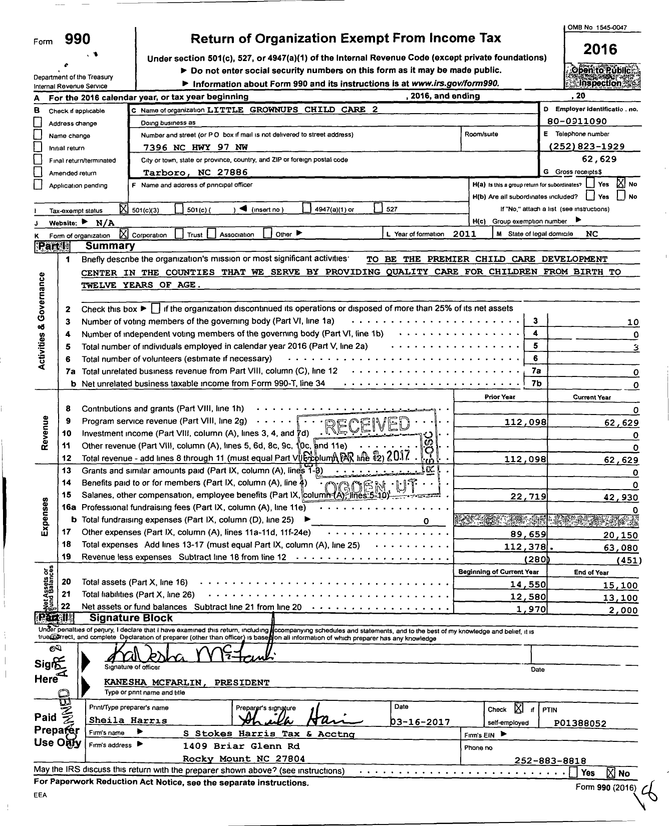 Image of first page of 2016 Form 990 for Little Grown Ups Child Care 2