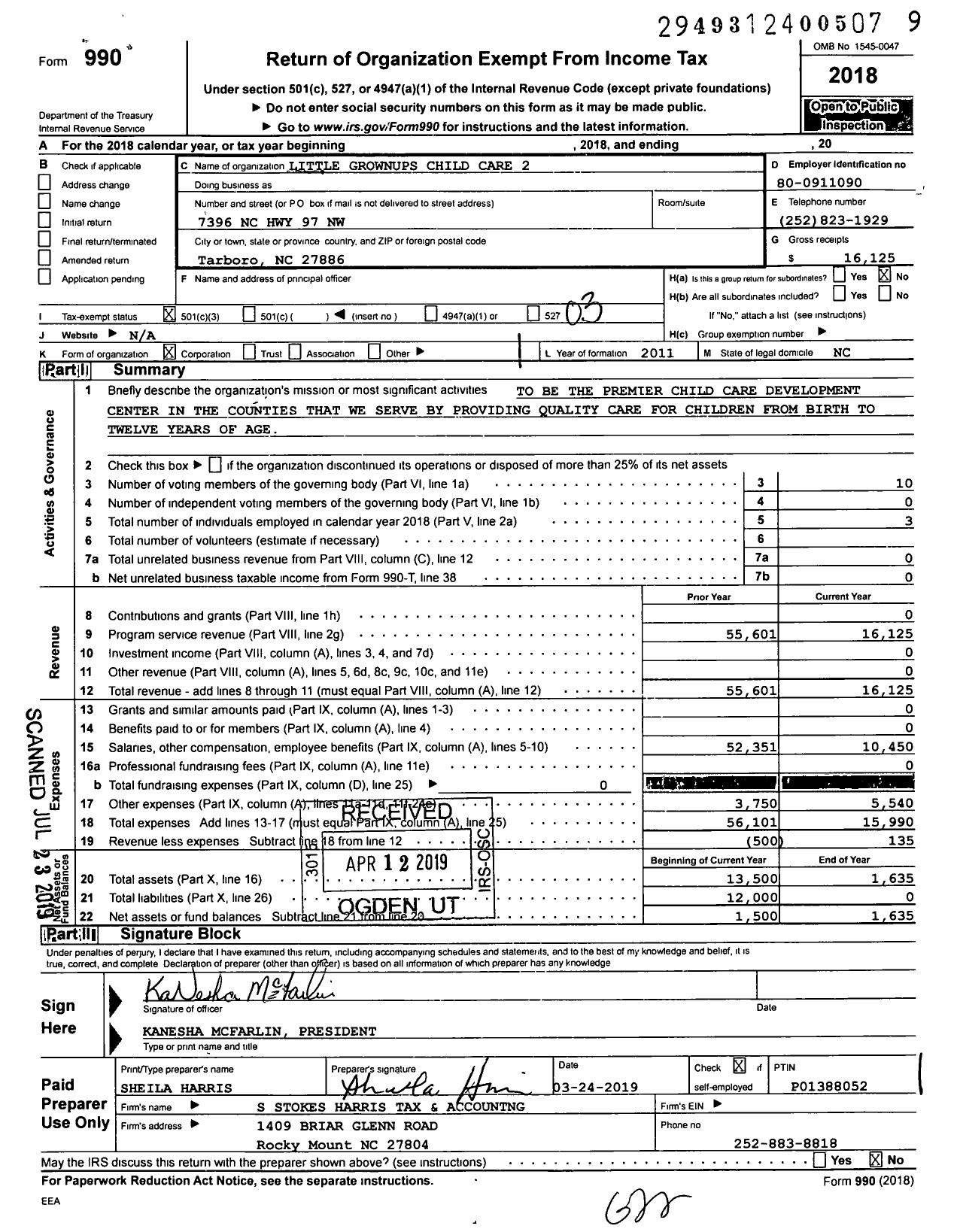 Image of first page of 2018 Form 990 for Little Grown Ups Child Care 2