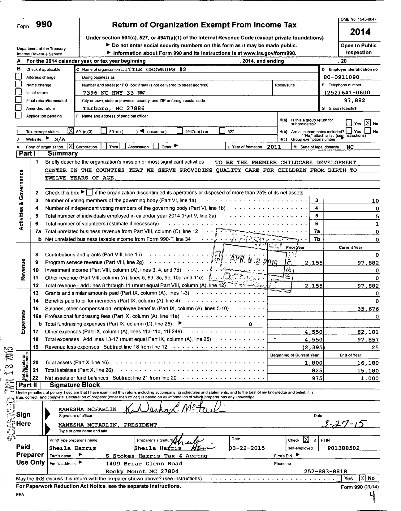 Image of first page of 2014 Form 990 for Little Grown Ups Child Care 2