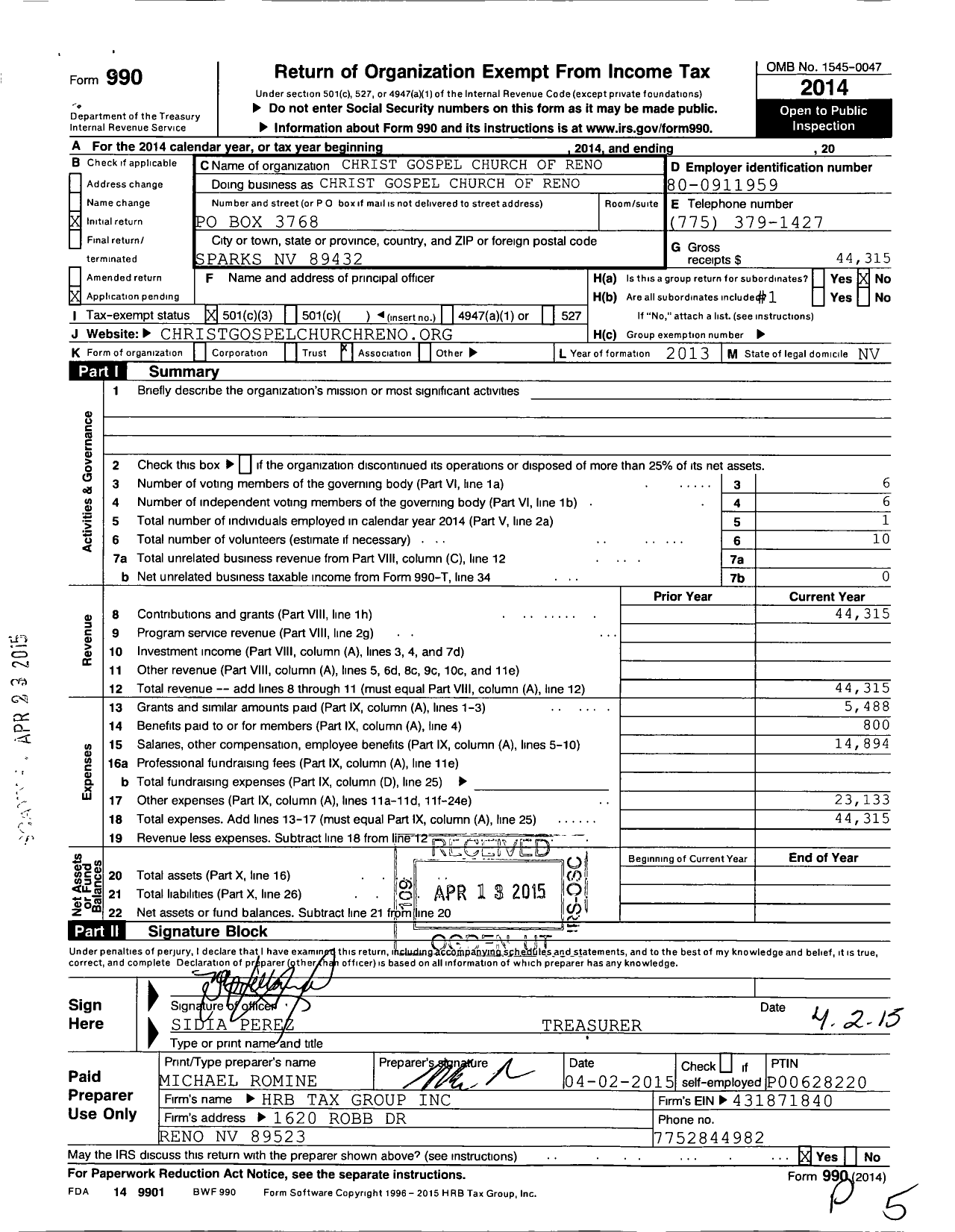 Image of first page of 2014 Form 990 for Christ Gospel Church of Reno NV