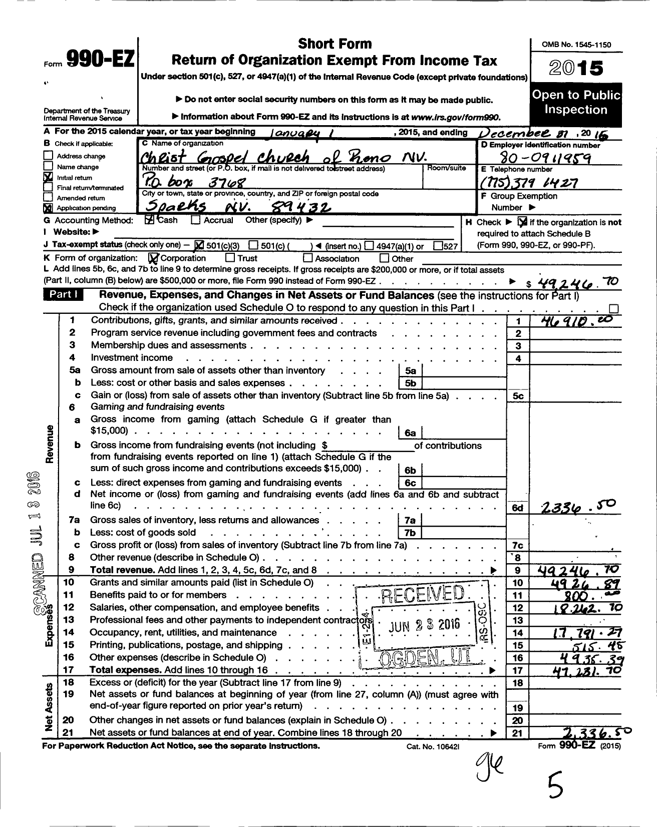 Image of first page of 2016 Form 990EZ for Christ Gospel Church of Reno NV