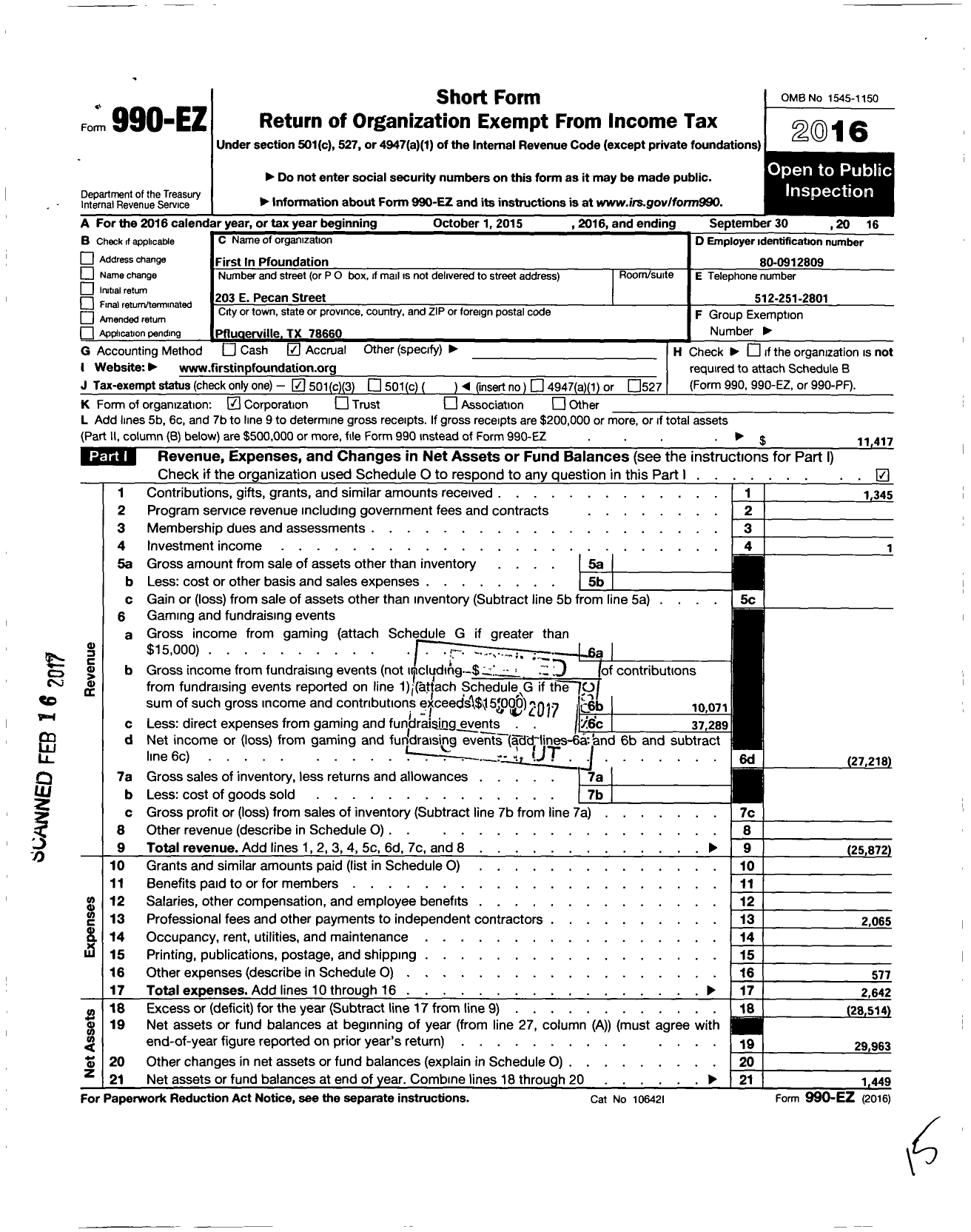 Image of first page of 2015 Form 990EZ for First in Pfoundation