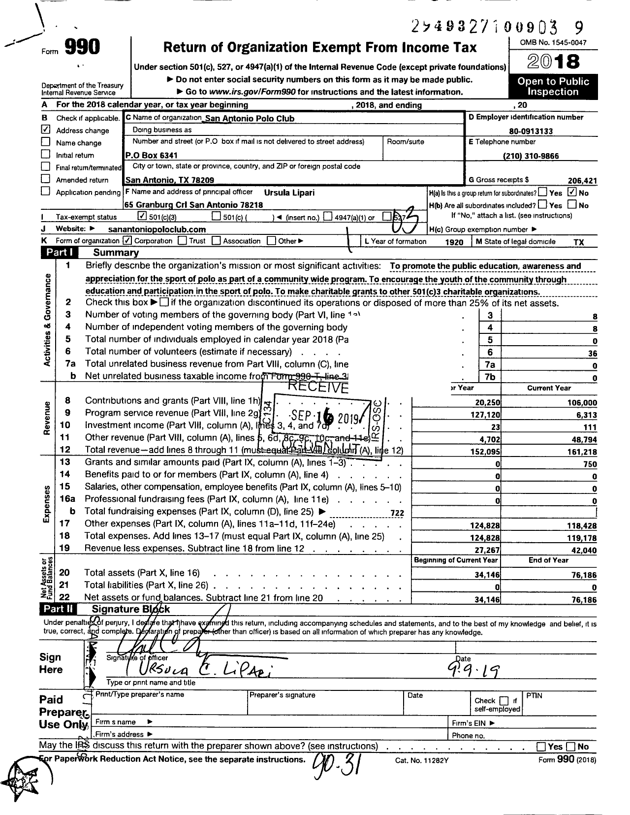 Image of first page of 2018 Form 990 for San Antonio Polo Club