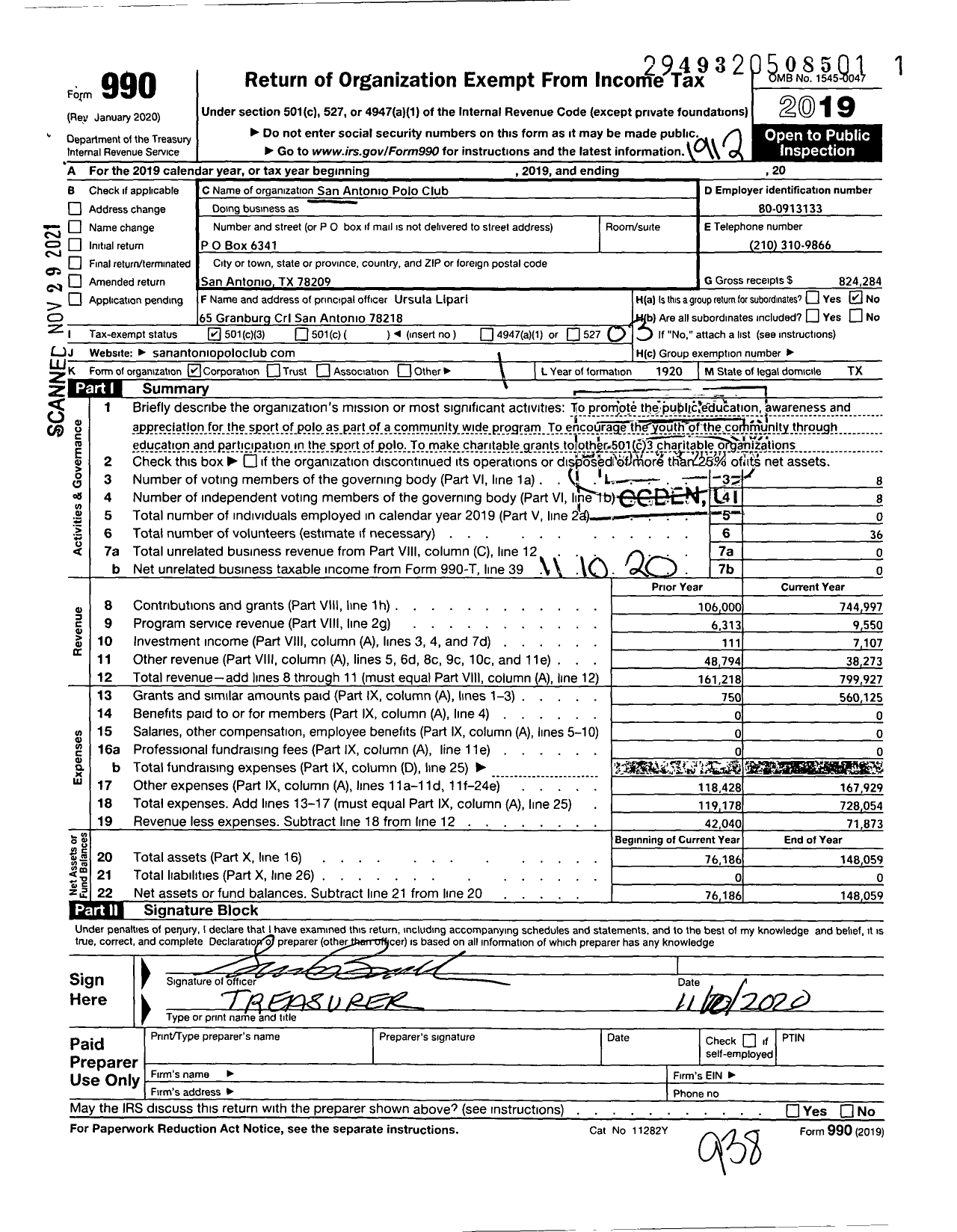 Image of first page of 2019 Form 990 for San Antonio Polo Club