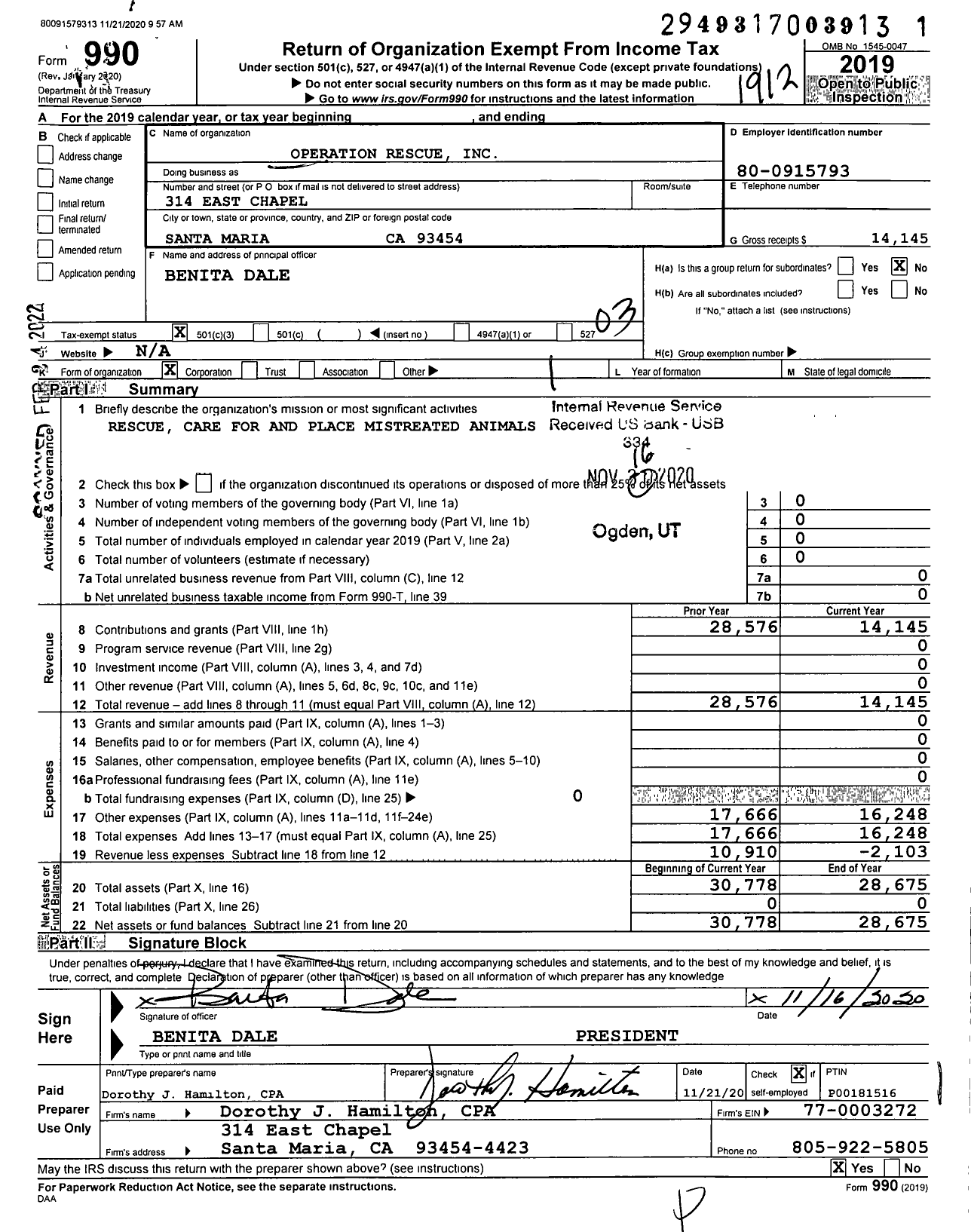 Image of first page of 2019 Form 990 for Operation Rescue