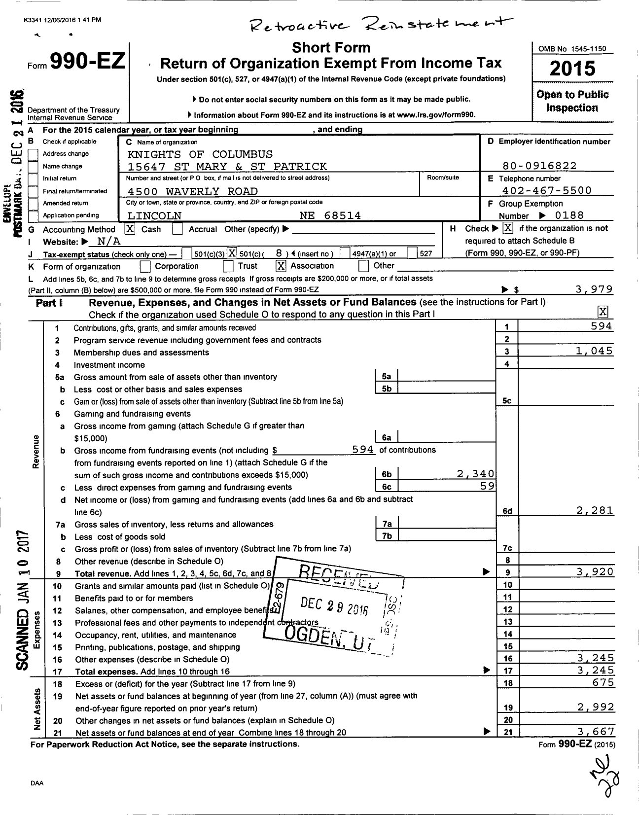 Image of first page of 2015 Form 990EO for St Mary and St Patrick No 15647