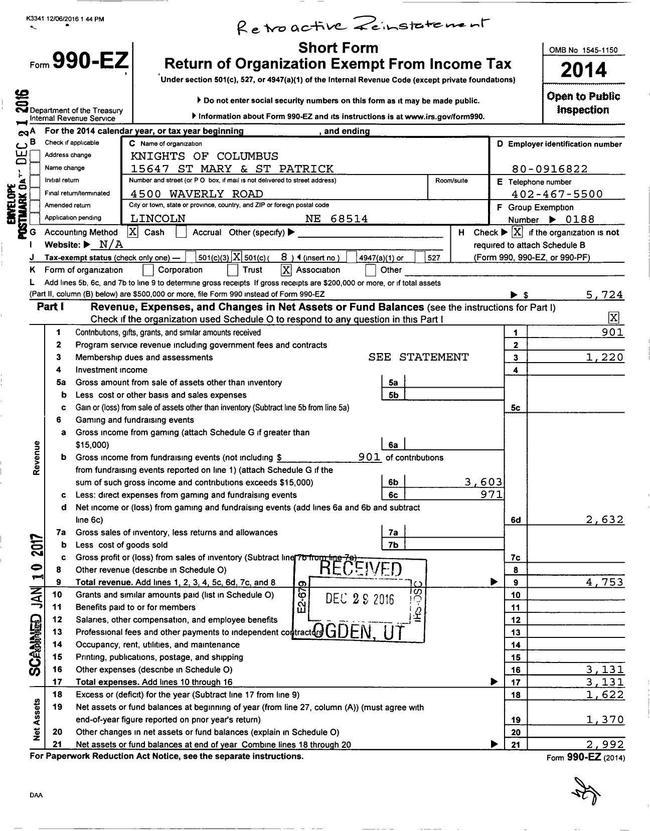 Image of first page of 2014 Form 990EO for St Mary and St Patrick No 15647