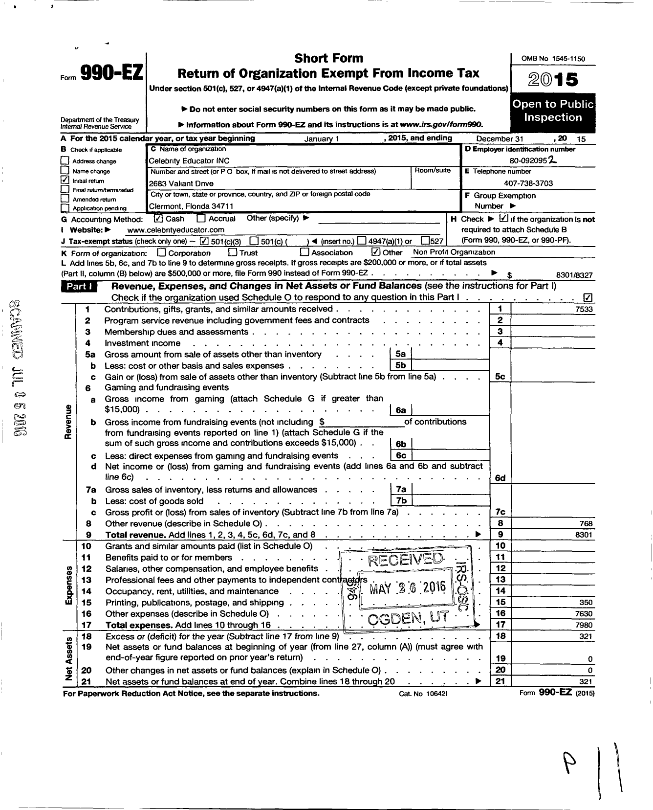 Image of first page of 2015 Form 990EZ for Celebrity Educator