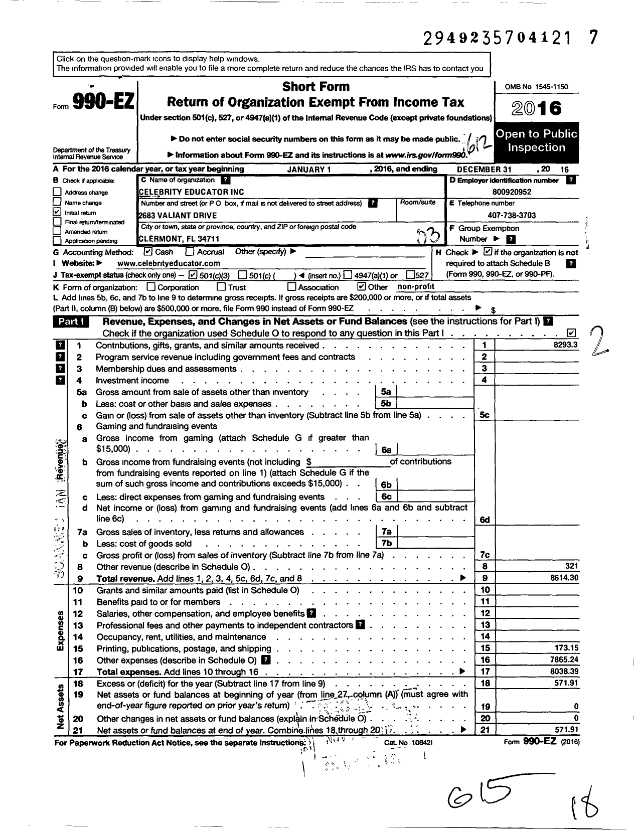 Image of first page of 2016 Form 990EZ for Celebrity Educator