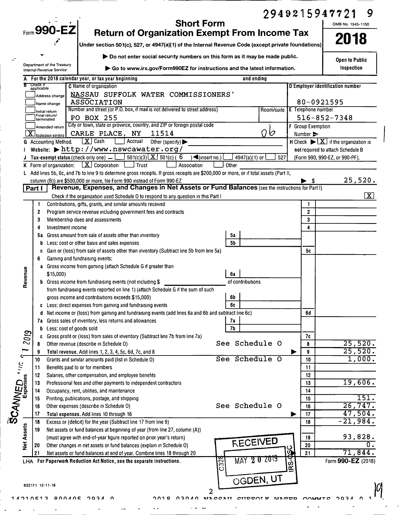 Image of first page of 2018 Form 990EO for Nassau Suffolk Water Commissioners' Association (NSWCA)