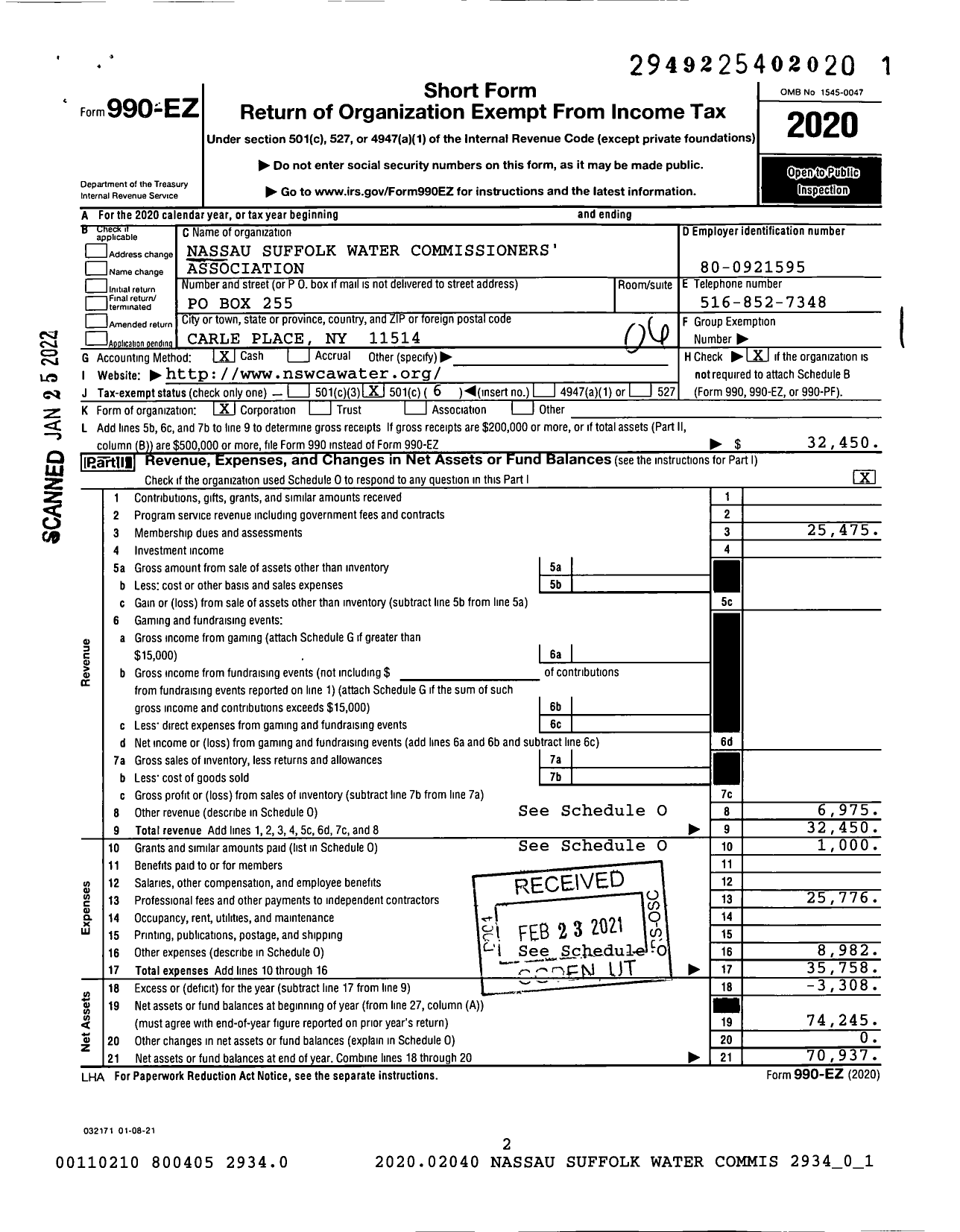 Image of first page of 2020 Form 990EO for Nassau Suffolk Water Commissioners' Association (NSWCA)