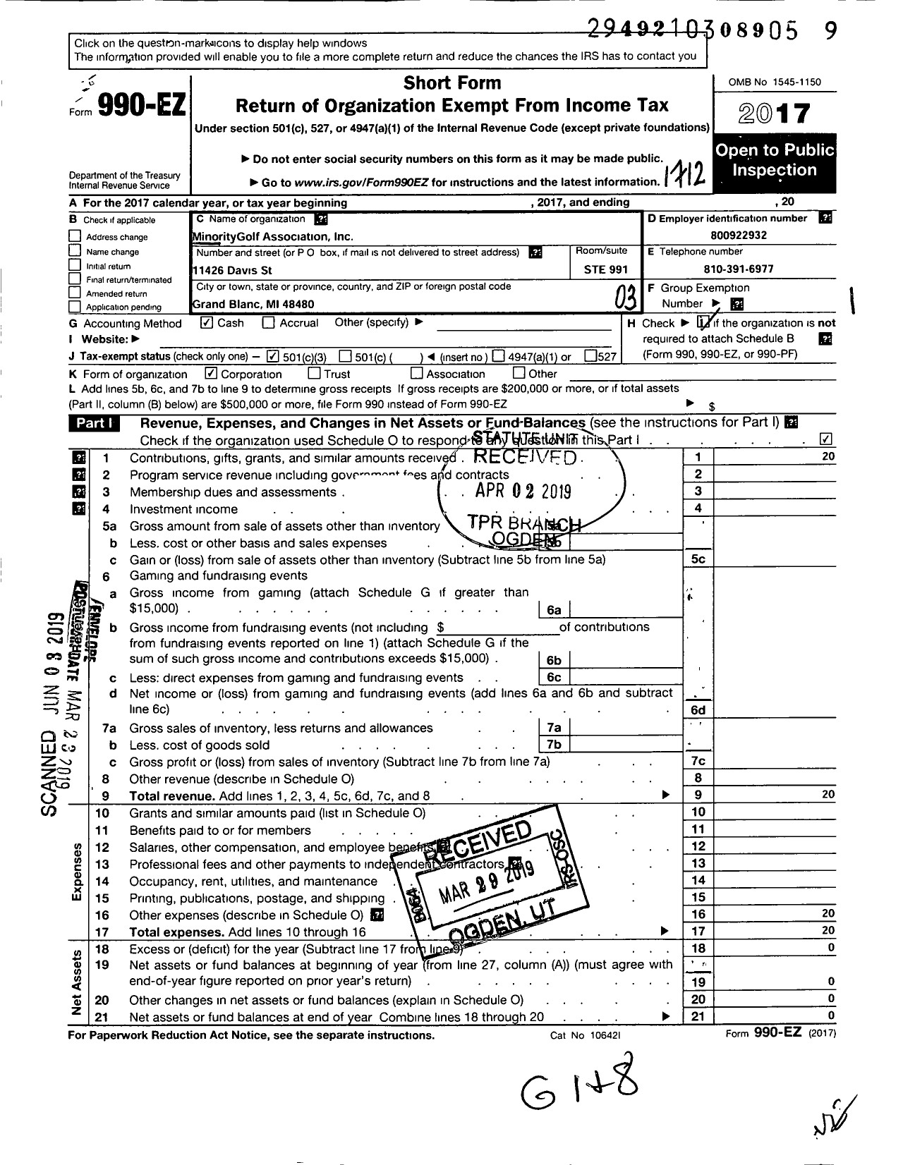 Image of first page of 2017 Form 990EZ for Minority Golf Association