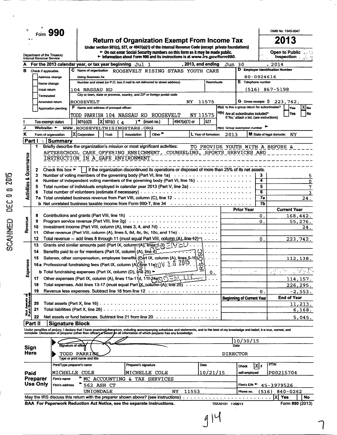 Image of first page of 2013 Form 990O for Roosevelt Rising Stars Youth Care Services