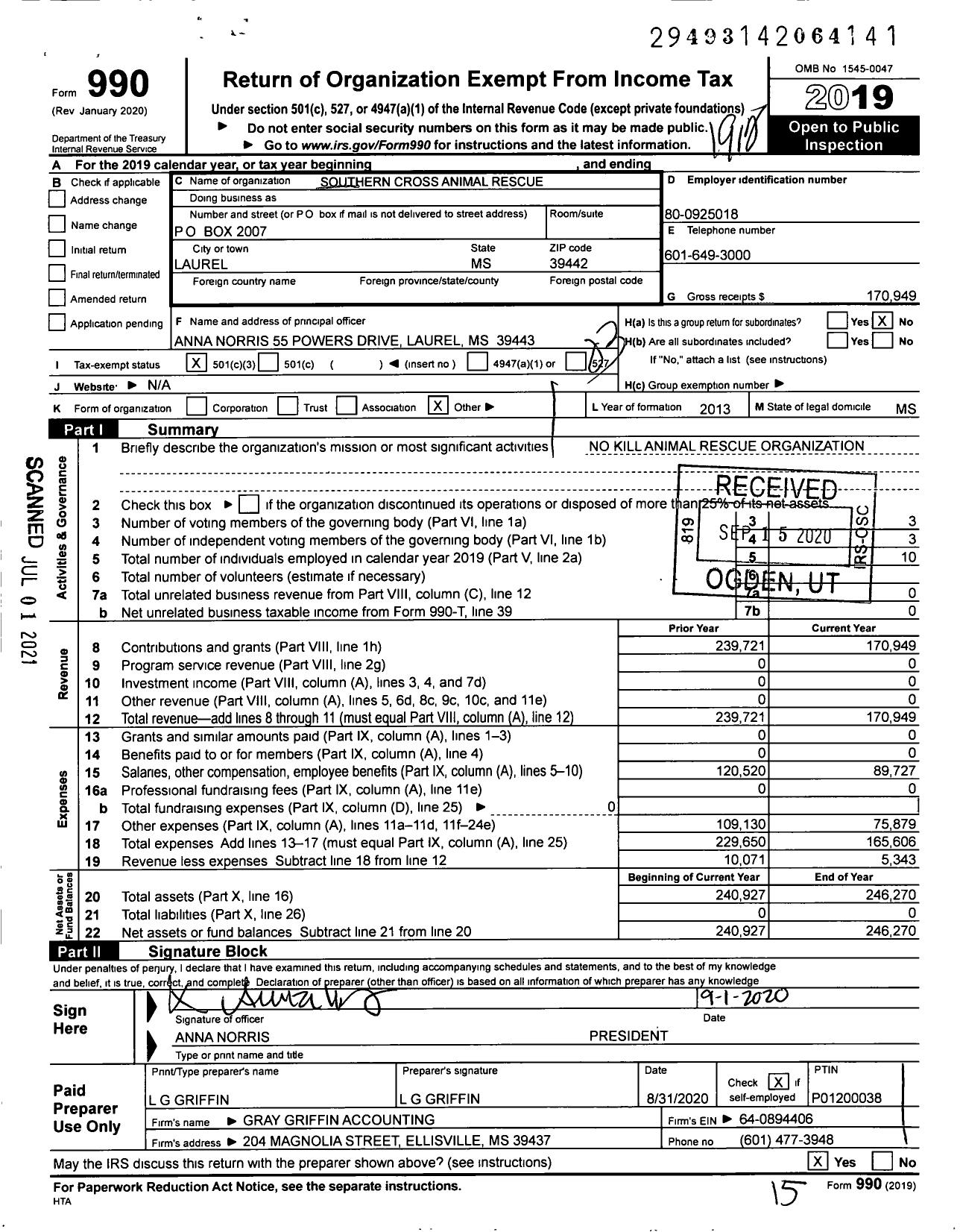 Image of first page of 2019 Form 990 for Southern Cross Animal Rescue