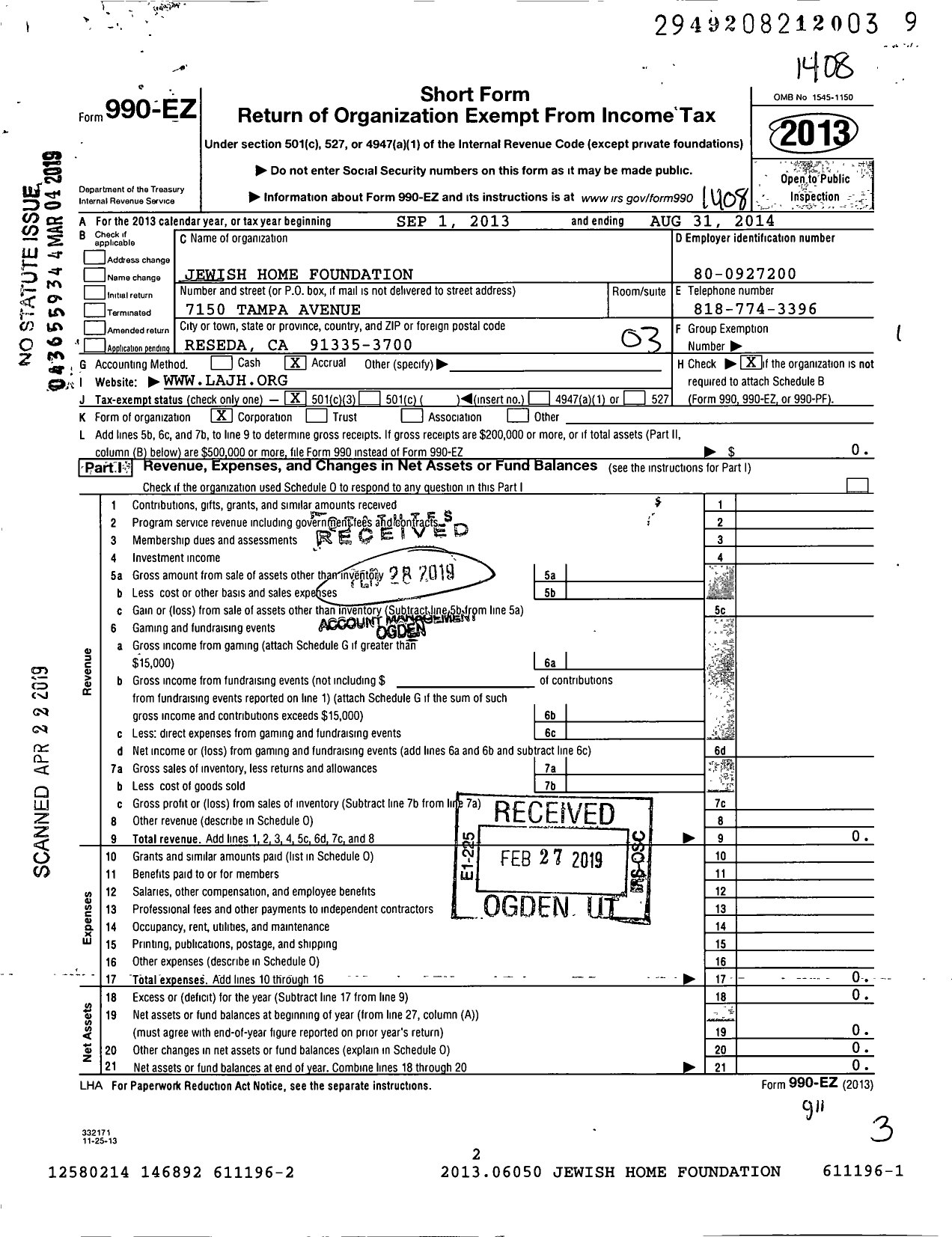 Image of first page of 2013 Form 990EZ for Jewish Home Foundation