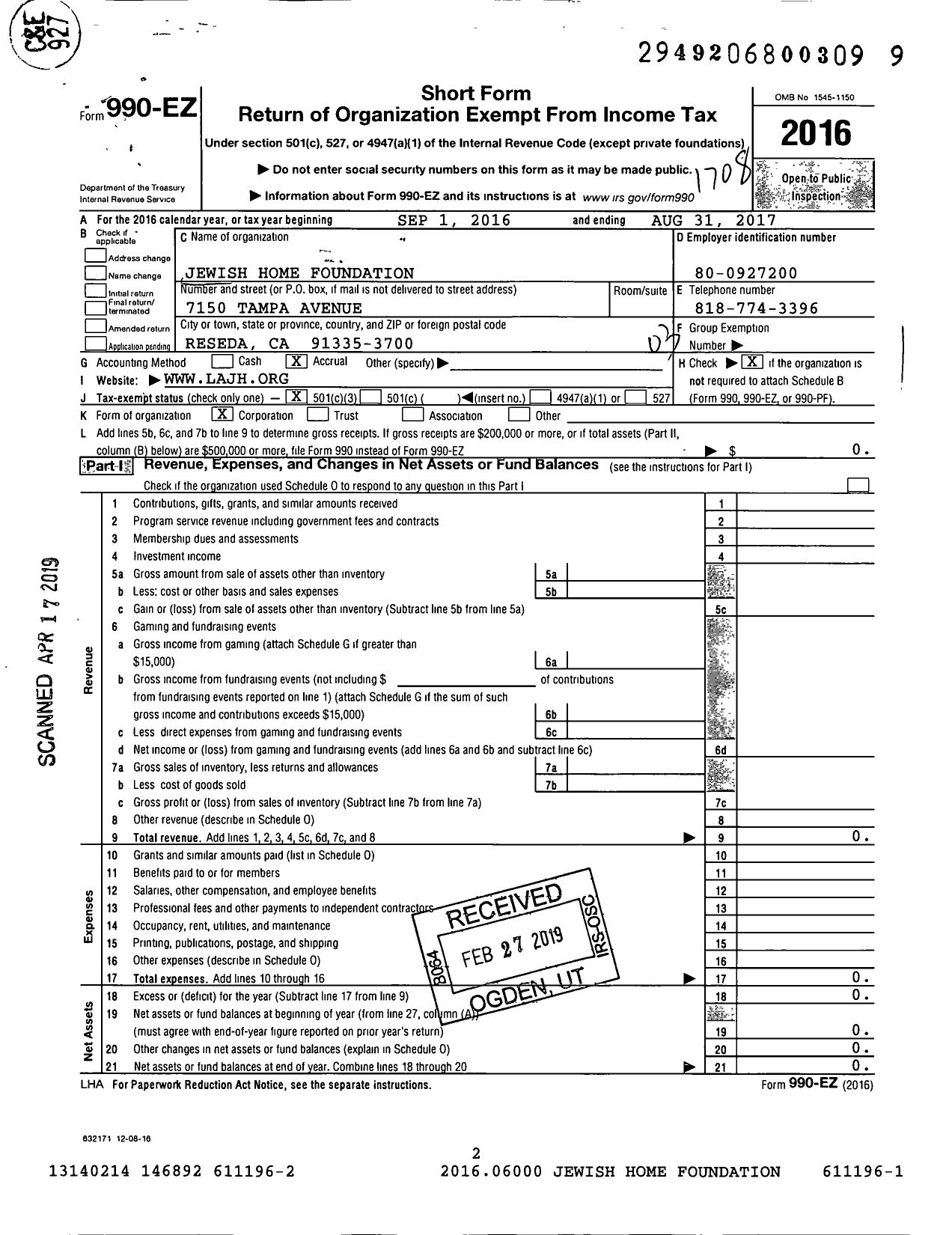 Image of first page of 2016 Form 990EZ for Jewish Home Foundation